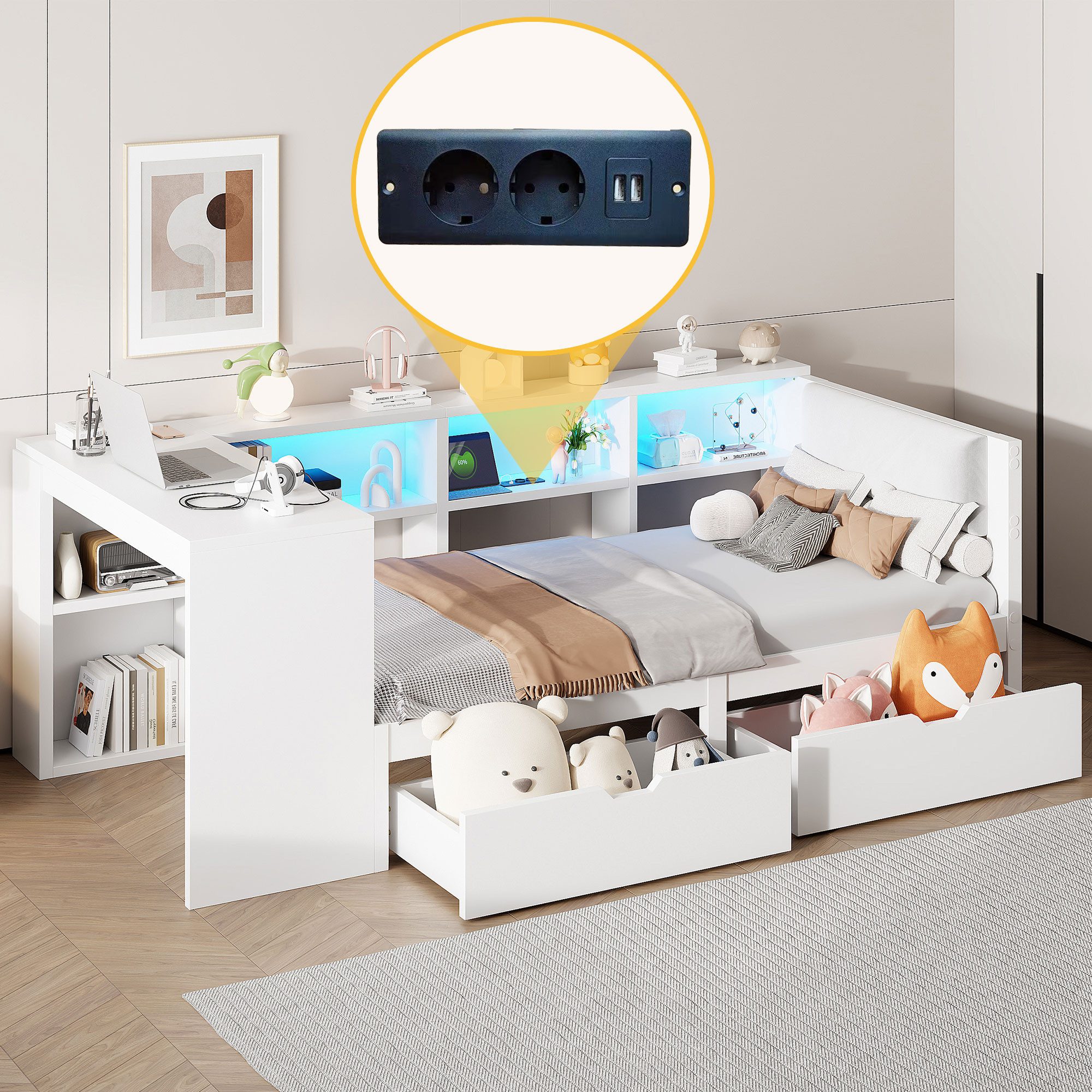 Flieks Holzbett, Kinderbett 90x200cm mit LED, günstig online kaufen