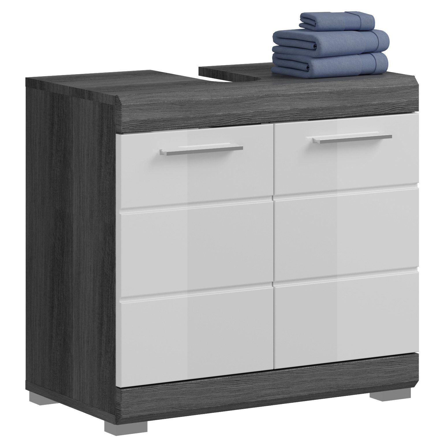 Newroom Waschbeckenunterschrank Rauchsilber 60 cm Waschbeckenunterschrank Rauchsilber Weiß Hochglanz Modern Badschra...