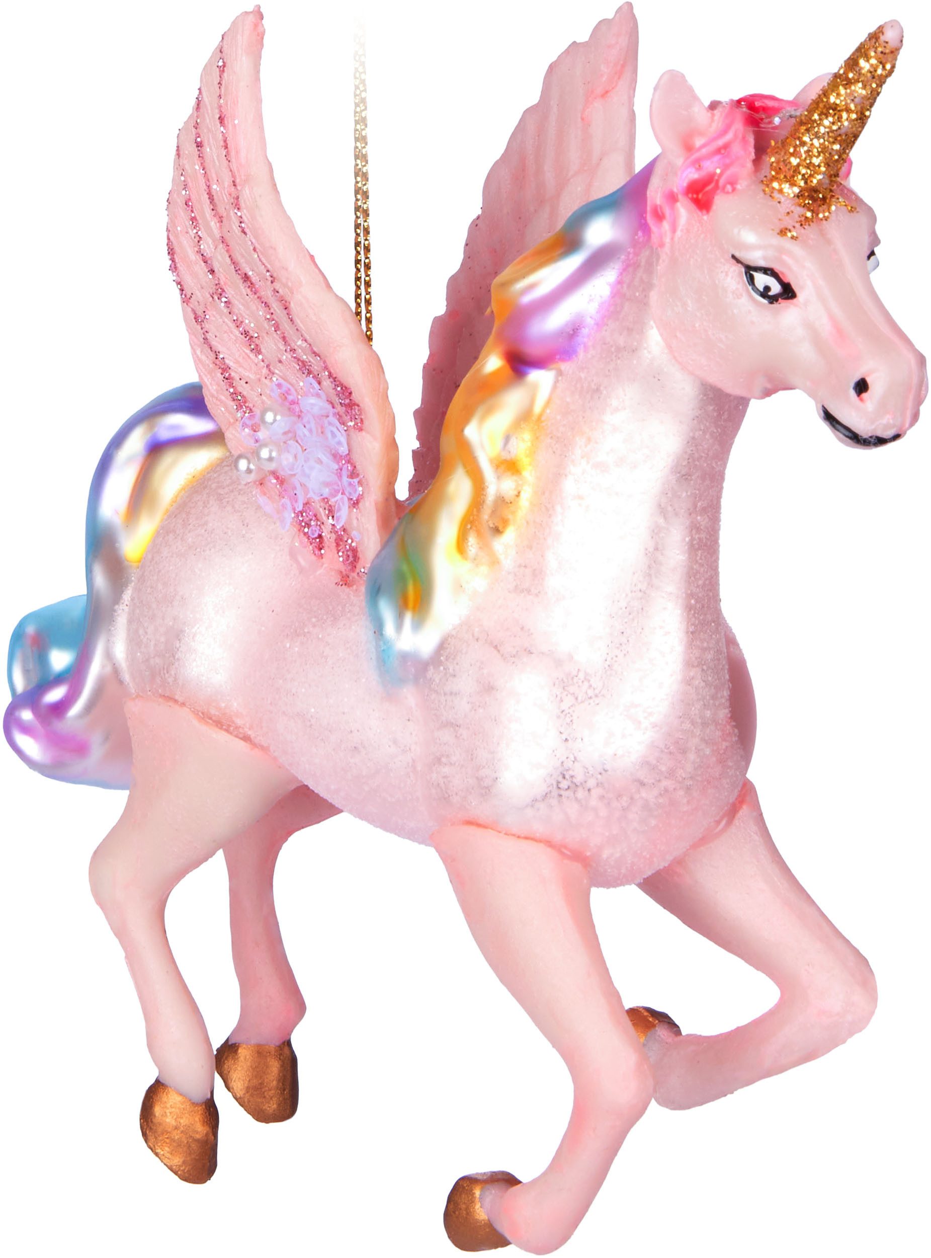 BRUBAKER Weihnachtsbaumkugel Fliegendes Einhorn - Weihnachtskugel aus Glas mit Regenbogen Mähne (1 St), Handbemalt - Lustiger Christbaumschmuck Figur mit Flügeln - Baumkugel