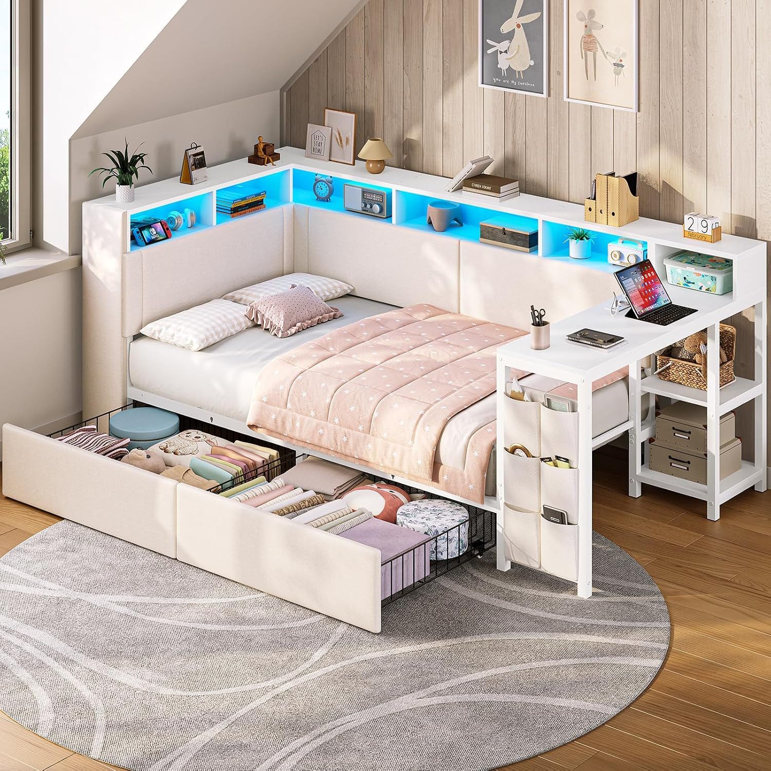 MSMASK Polsterbett mit LED-Beleuchtung, Ladestation & Schreibtisch, Schlafsofa, Daybett, Jugendbett mit 2 Schubladen und 6 Staufächern, 90x200cm