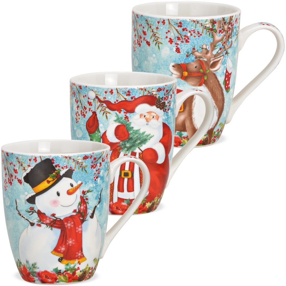 matches21 HOME & HOBBY Tasse Weihnachtstassen 3er Set Rentier Schneemann Nikolaus, Porzellan, Tee Kaffee-Becher, Weihnachten, modern, weiss bunt, 350 ml