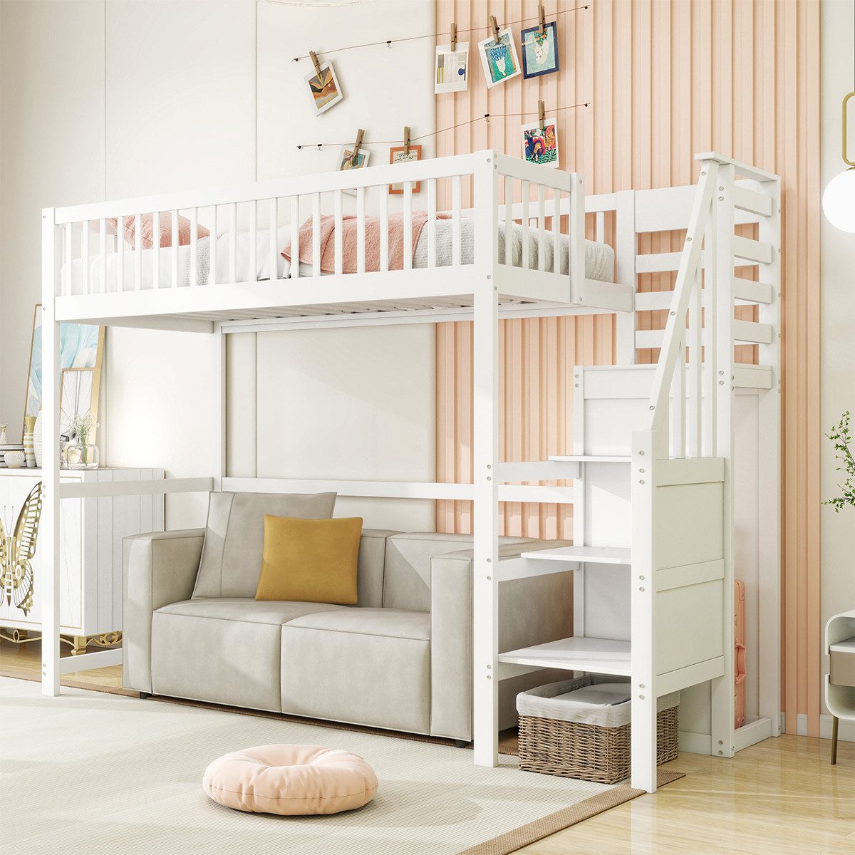 Hochbett 90x200cm Weiß Mit Treppe - Massivholz Kinderbett Mit Stauraum & Kleiderschrank