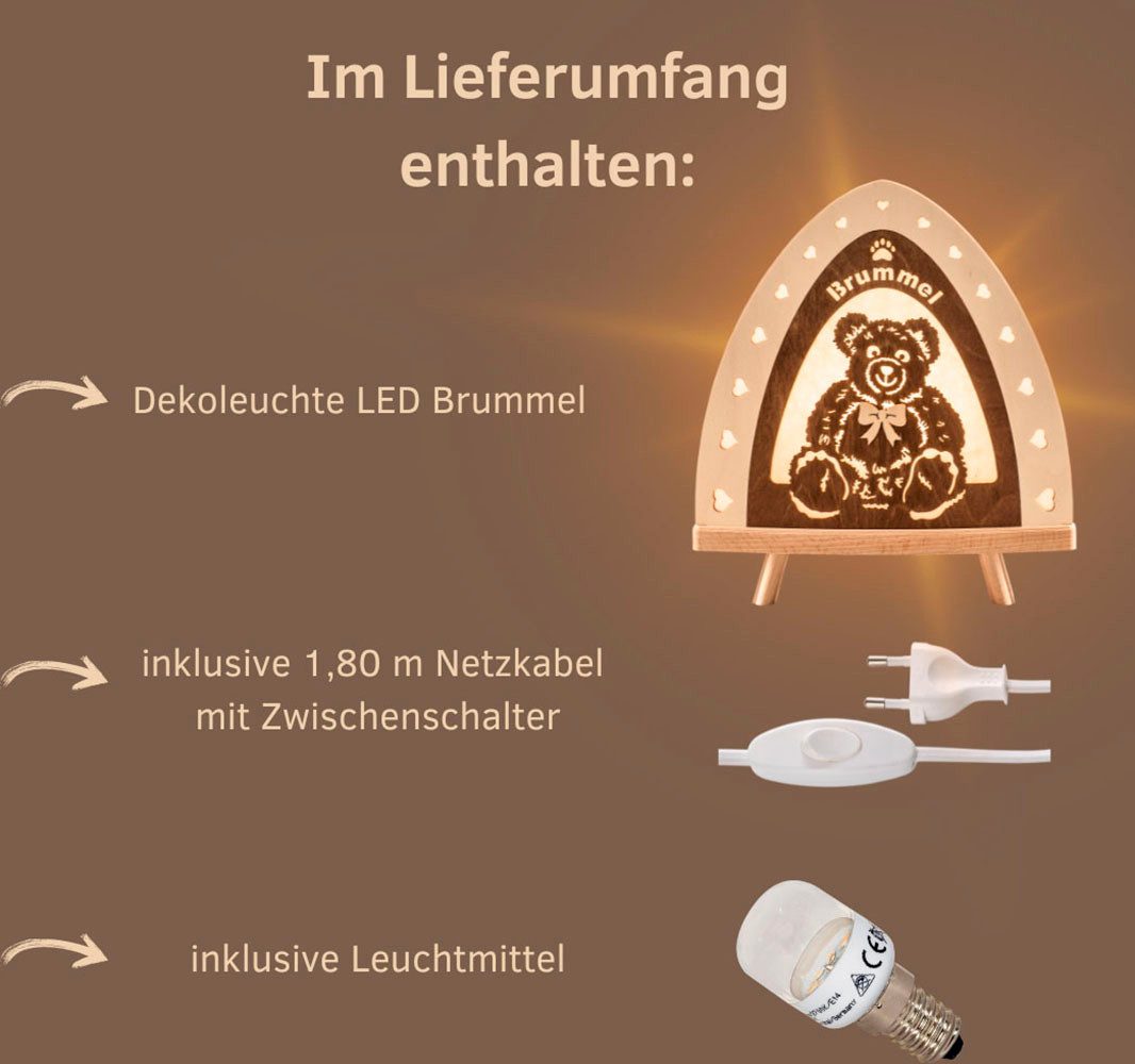Weigla LED Dekolicht Brummel, Holz, NATUR-BRAUN, Teddybär Lampe, Made in Germany, LED wechselbar, Neutralweiß, Erzgebirge garantiert, Dekolampe für Innen, Dekoleuchte