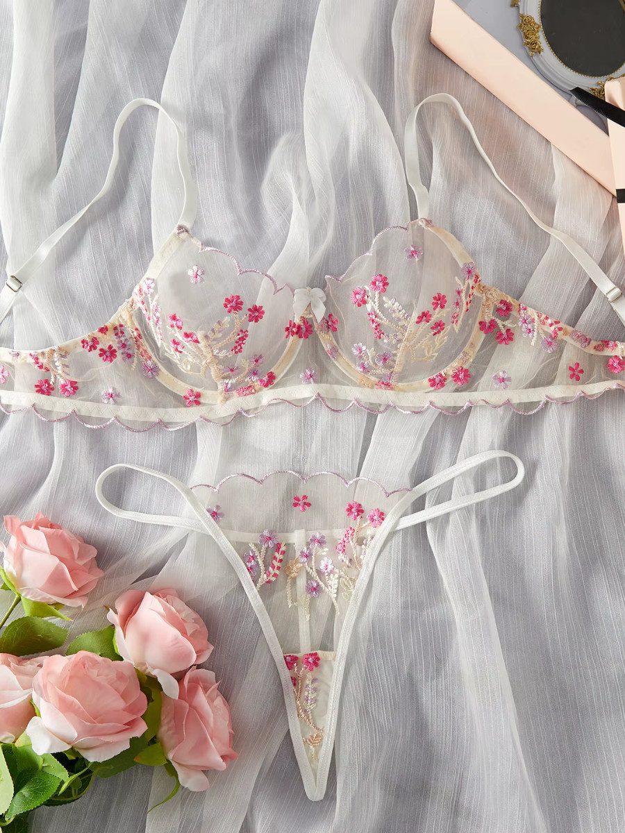 Set: Bügelloser BH BH-Set, Dessous Set mit Blumenmuster, Sexy Lingerie Set