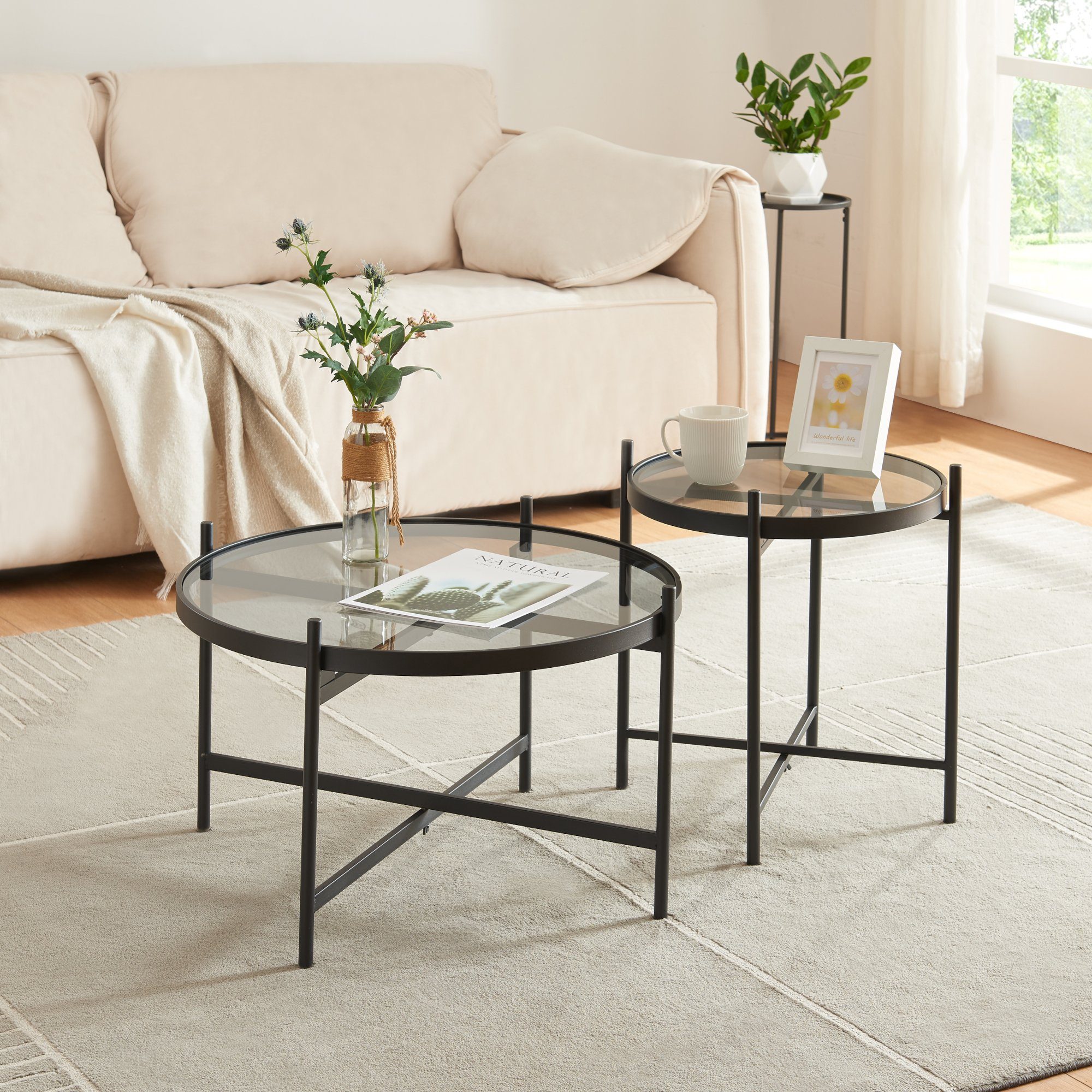 en.casa Couchtisch (2er Set), »Lier« Glasplatte Metallgestell Schwarz