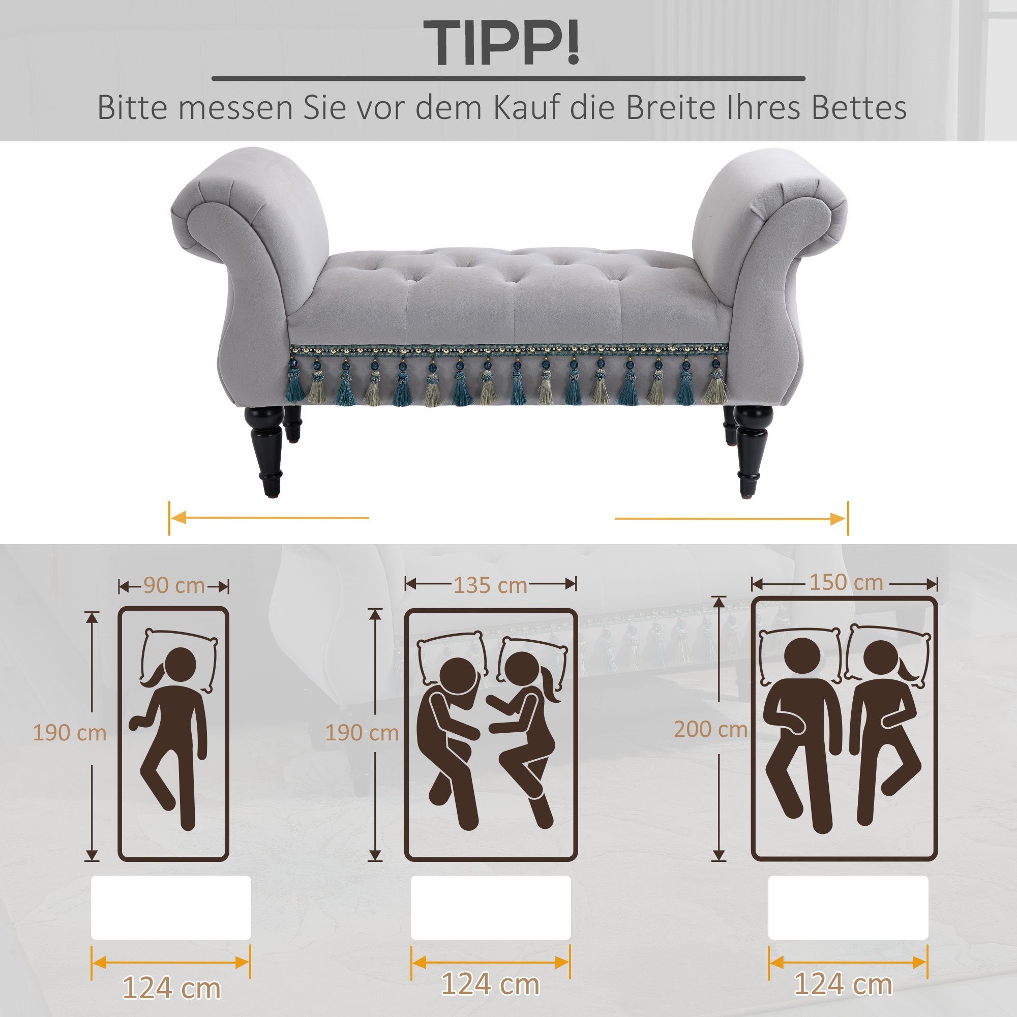 HOMCOM Polsterbank Sitzbank mit Holzbeine (Bettbank, 1-St., Sitzottomane), Hellgrau, 117 x 40 x 58 cm