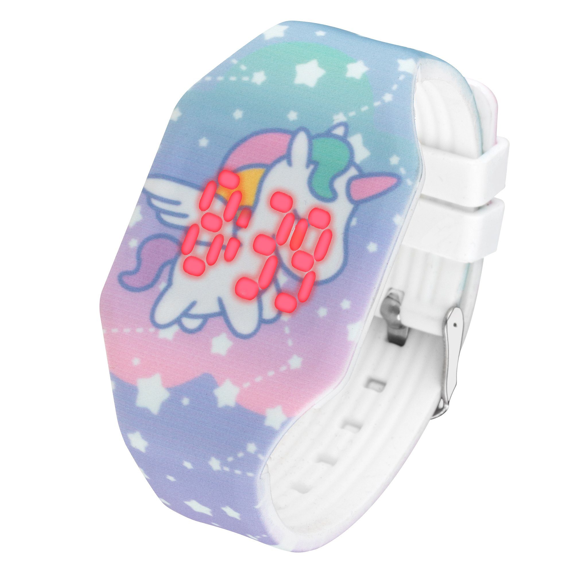 Taffstyle Quarzuhr Kinder Armbanduhr Silikon Einhorn Digital LED Uhr, Mädchen Fluoreszierend Sportuhr Kinderuhr Lernuhr Bunt Regenbogen lila blau