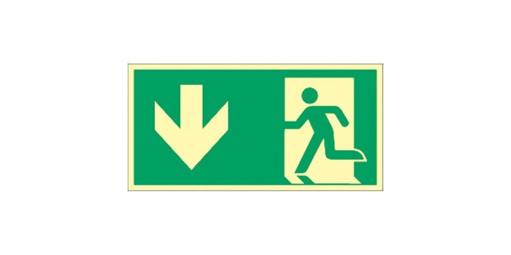 Thumbnail - König Werbeanlagen Hinweisschild Notausgang (links) mit Richtungspfeil unten, Symbolschild, ISO 7010