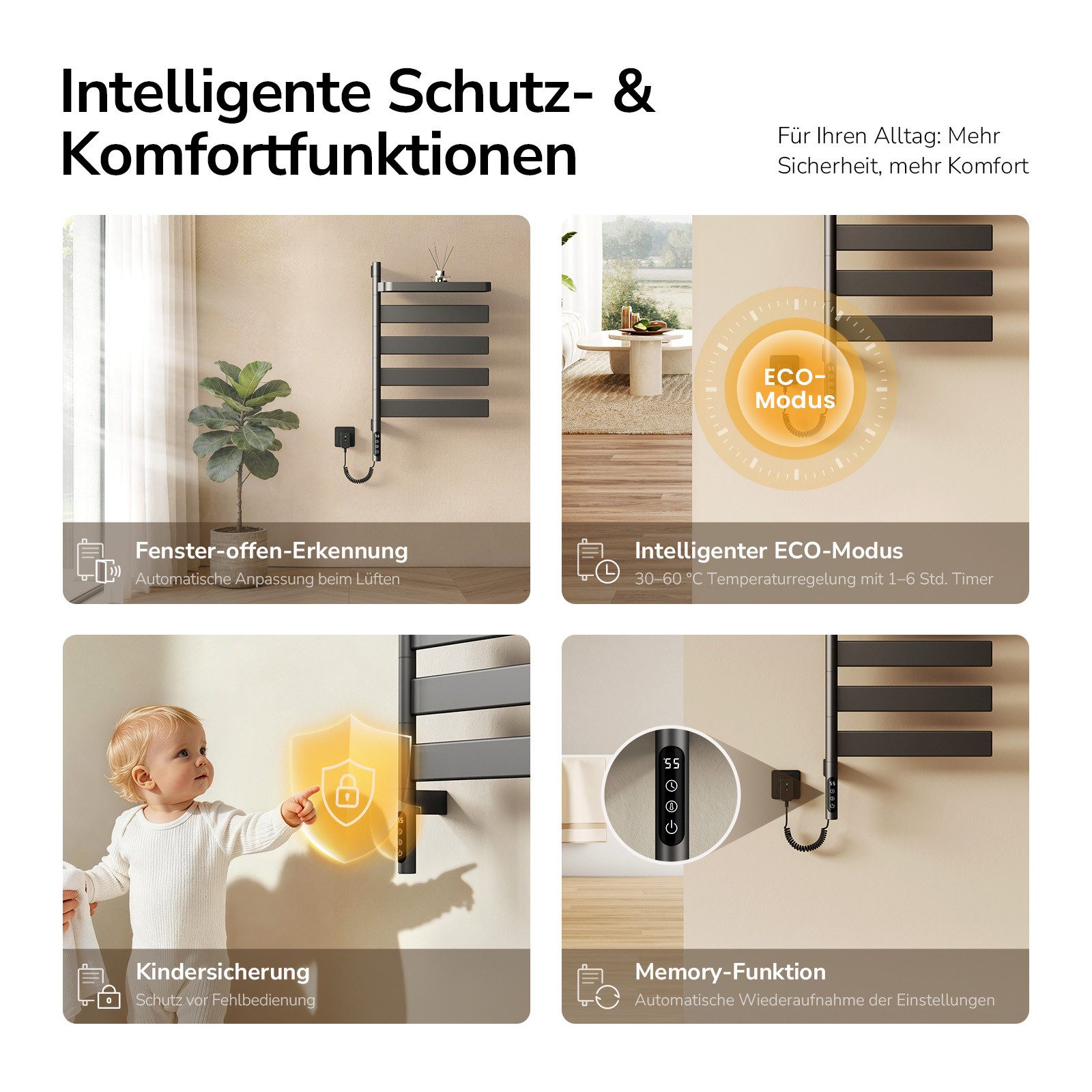 EMKE Elektrischer Badheizkörper Handtuchheizkörper, 180° drehbar, mit WLAN-, App- und Sprachsteuerung, Timer 1–24 h, 30–70 °C, IP45, FI-Schutzstecker, 76,9 × 45 – Bild 5 von 5