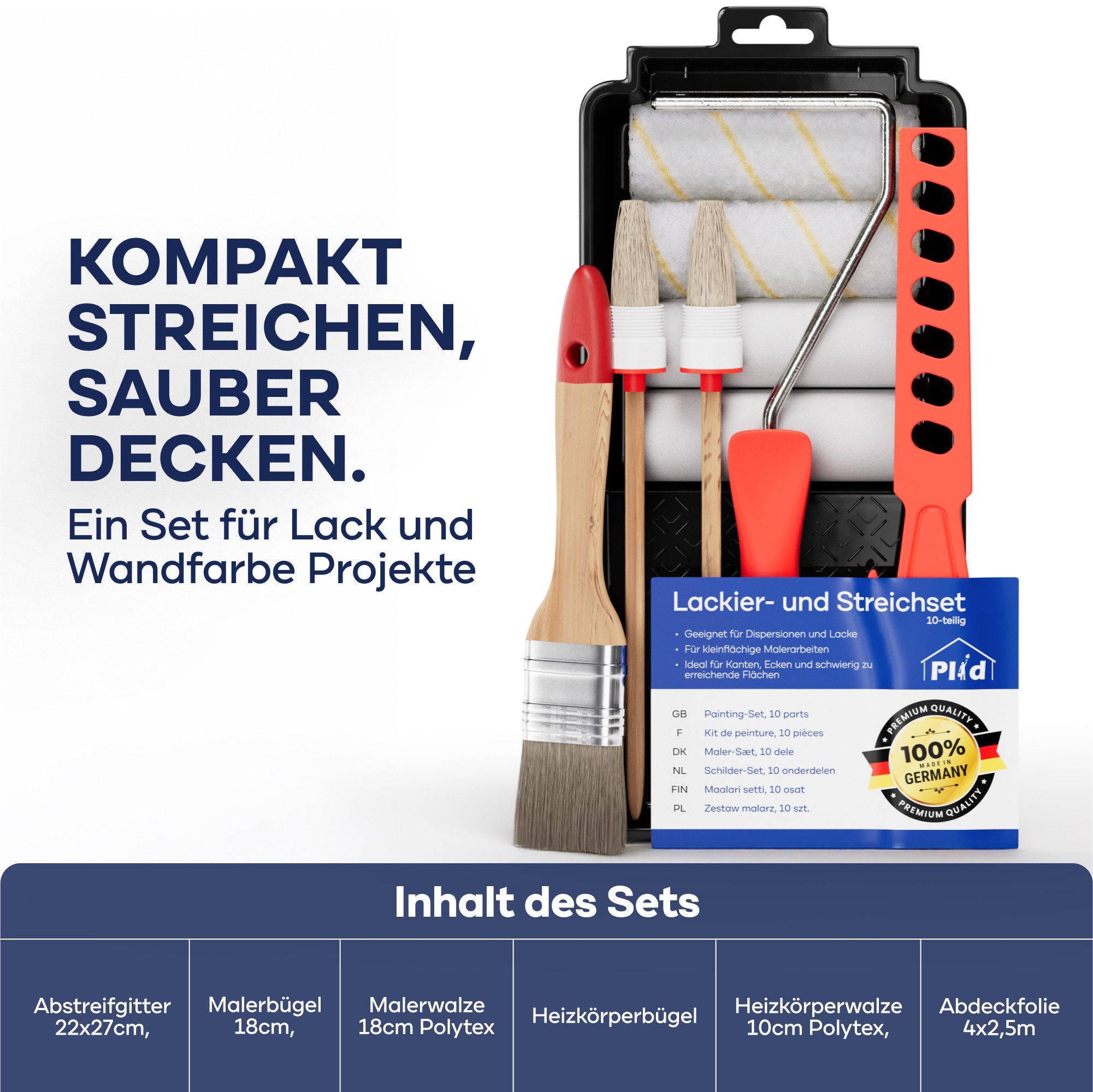 plid Malerset Premium Streichset Lackierset Pinsel Farbwanne Walze Steckbügel, (Set), Lackierset, Lackierzubehör, Farbwanne, Lackwalze