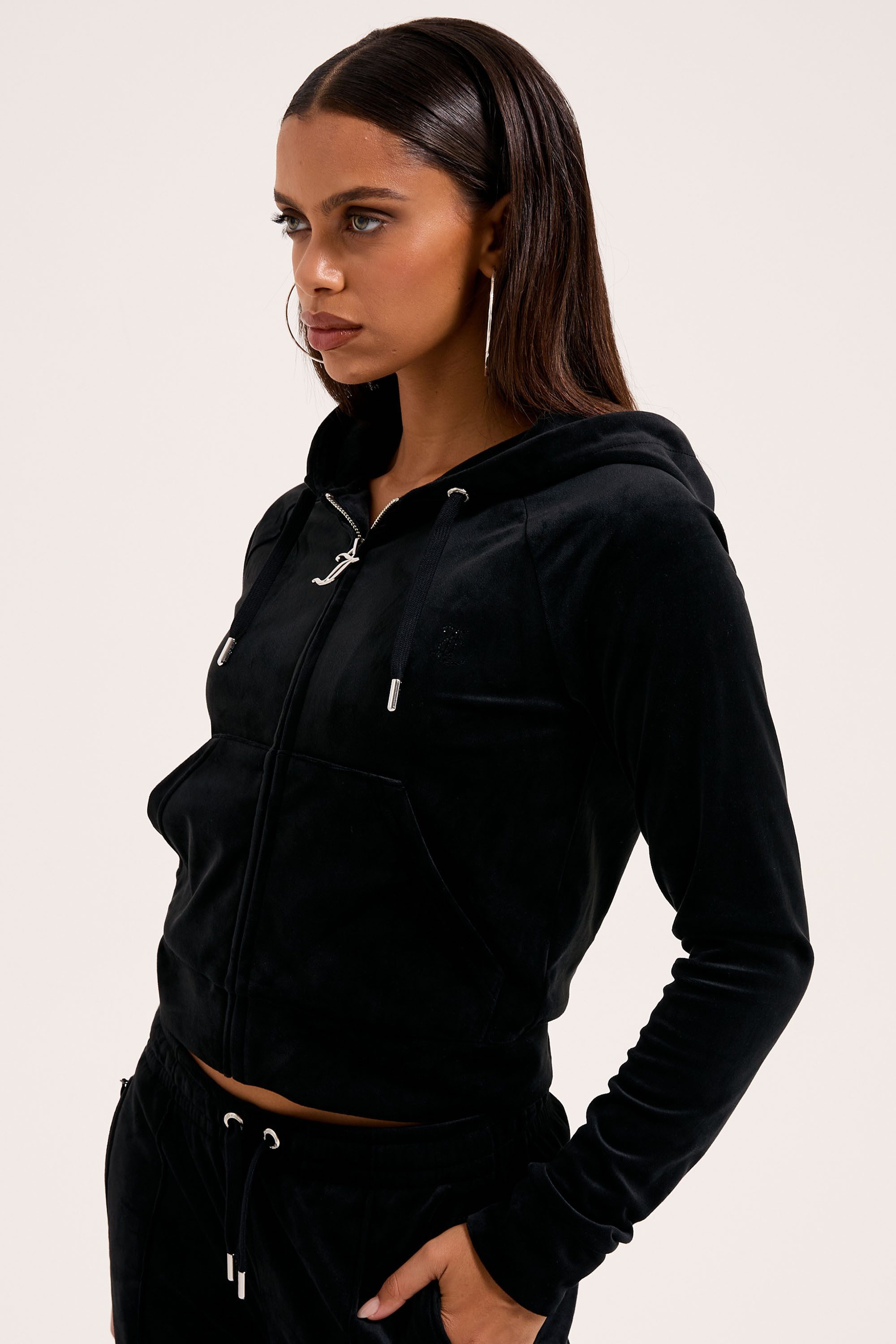 Juicy Couture Kapuzennickijacke MADISON COL OUT HOODIE. Damen Trainingsjacke Damen, Sweatjacke mit Kapuze, Velour, mit Glitzer, Sale
