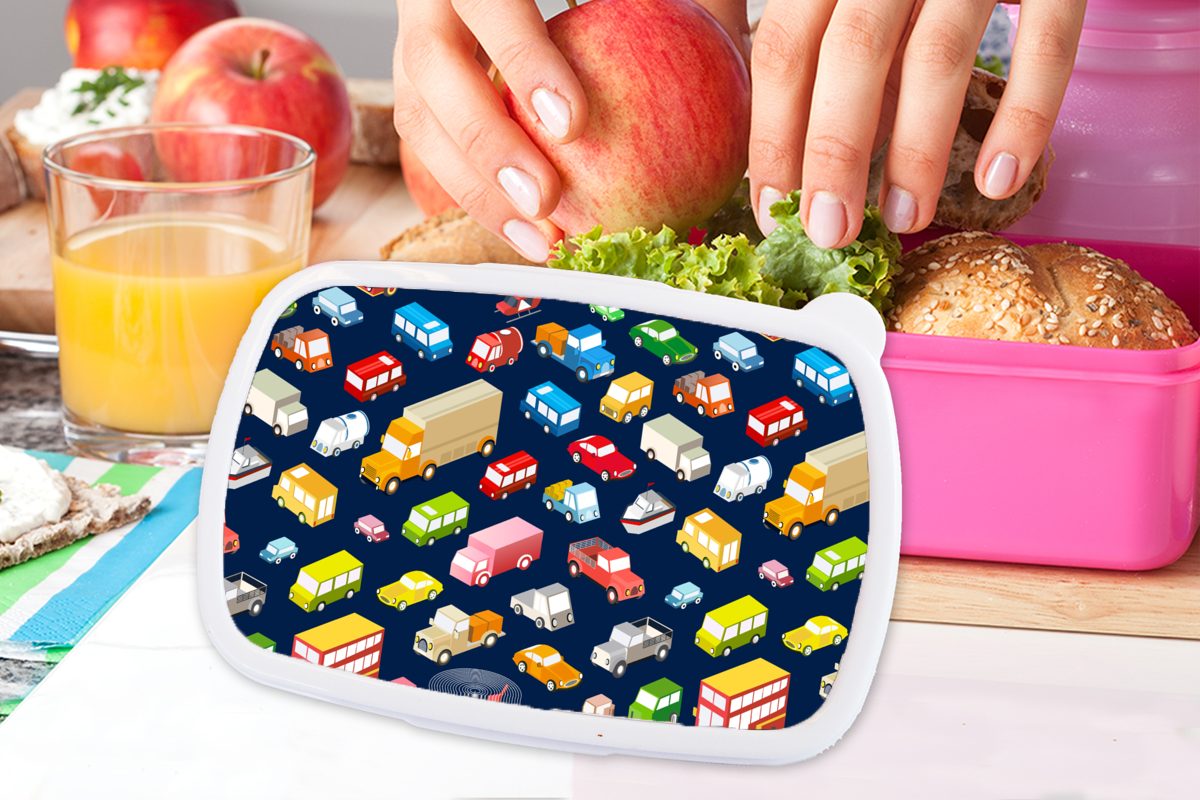 Lunchbox Brotdose Auto Erwachsene, Kunststoff, Verkehr, - für Mädchen, Muster (2-tlg), Kunststoff - MuchoWow Brotbox rosa Snackbox, Kinder,