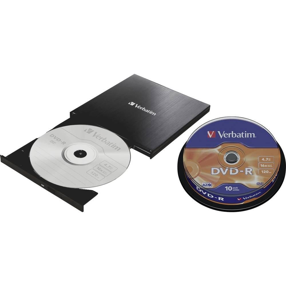 Verbatim Externer Slimline CD/DVD-Brenner + DVD-R 4.7GB Diskettenlaufwerk (inkl. DVD-R 4,7GB 16x 10er Spindel)