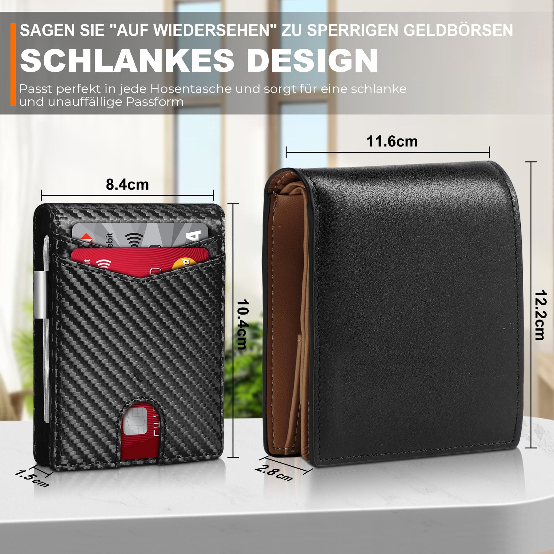 ibettertec Mini Geldbörse Geldbörse Herren Slim Wallet RFID Blocking Kohlefaserleder (Portmonee Herren mit 11 Kartenetui, Ausweisfenster, Geldscheinklammer, Min – Bild 4 von 5
