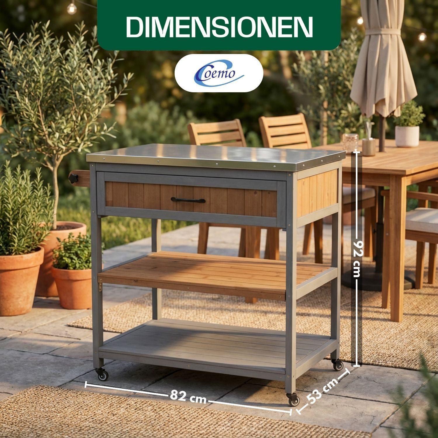Coemo Gartentisch JAMES, großer Servierwagen mit Rollen, Holz Küchenwagen Outdoor Beistelltisch