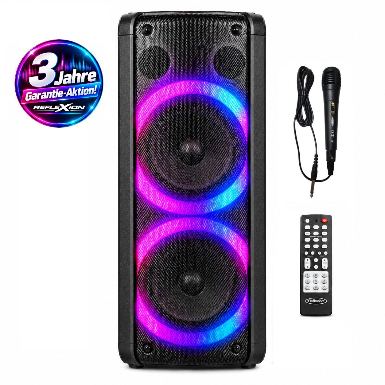 Reflexion PS09BT mit rotierenden Lichteffekten Party-Lautsprecher Stereo (Bluetooth, 500 W, Bluetooth, Radio, Karaoke, Disco-Licht Effekte, Micro-SD Slot)