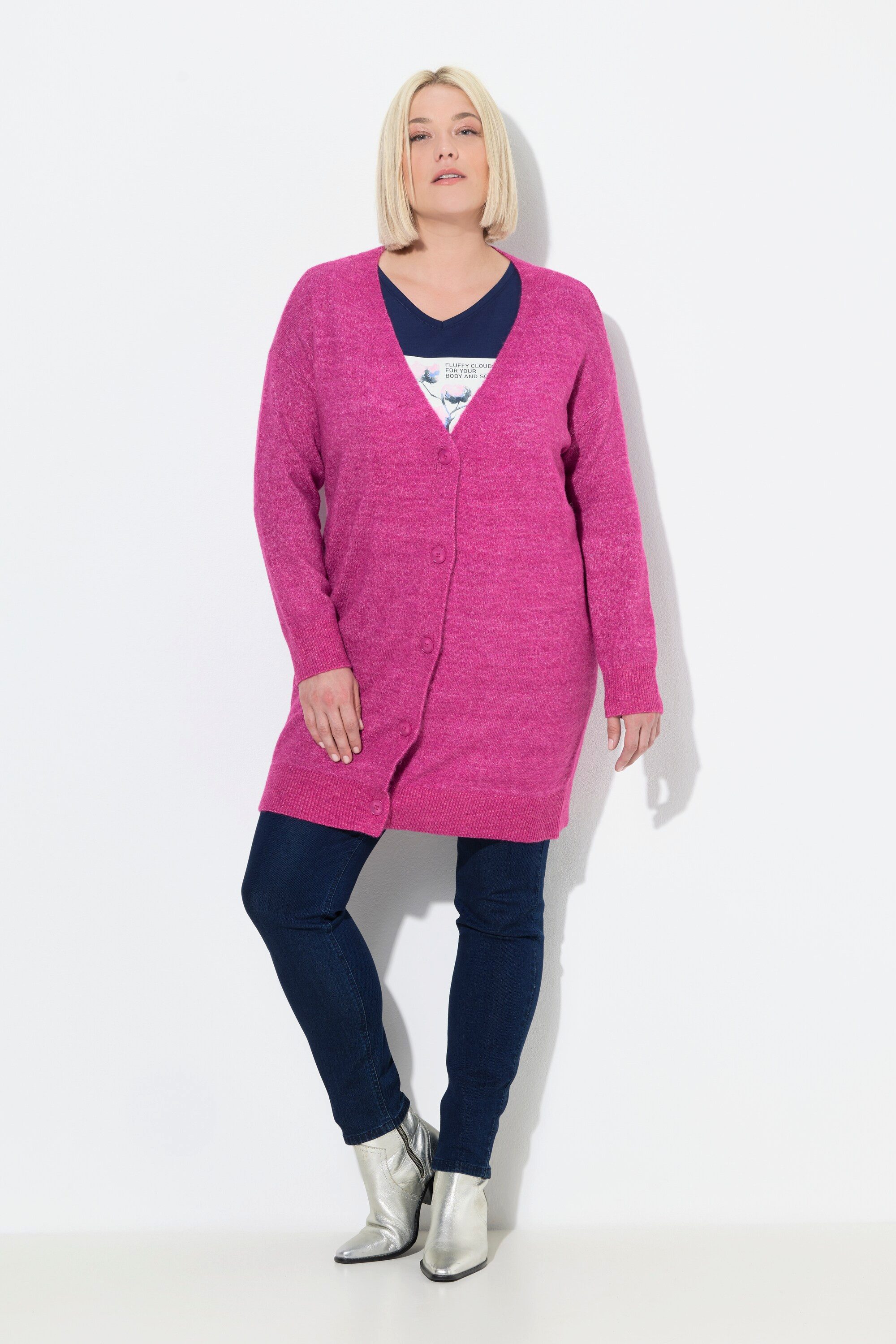Ulla Popken Strickjacke Strickjacke Boxy Fit V-Ausschnitt Knopfleiste