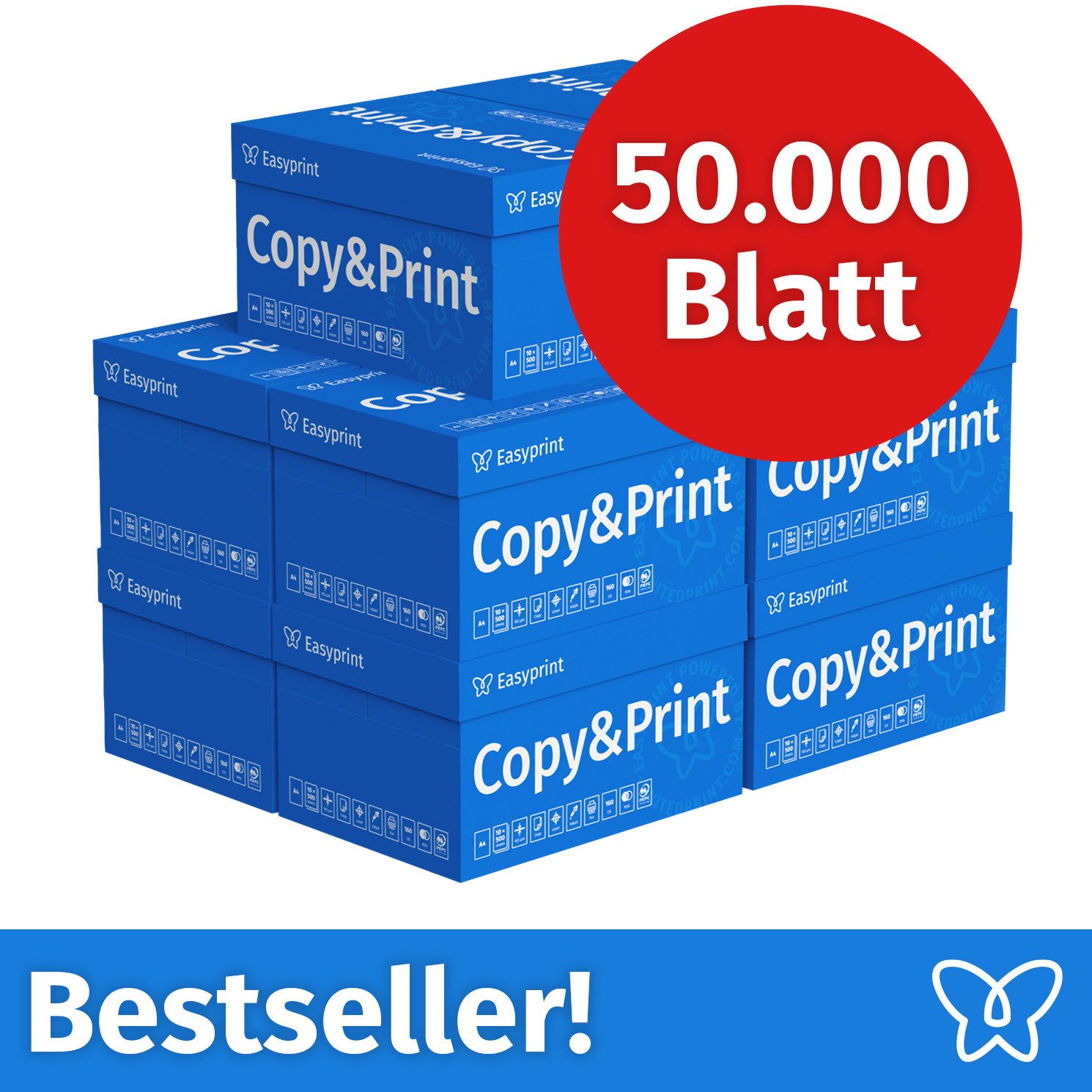 Easyprint Drucker- und Kopierpapier Kopierpapier 50000 Blatt A4 Premium Hochweiß CIE 160 Testsieger PEFC, PEFC-Zertifikat (GFA-PEFC-COC-500582)