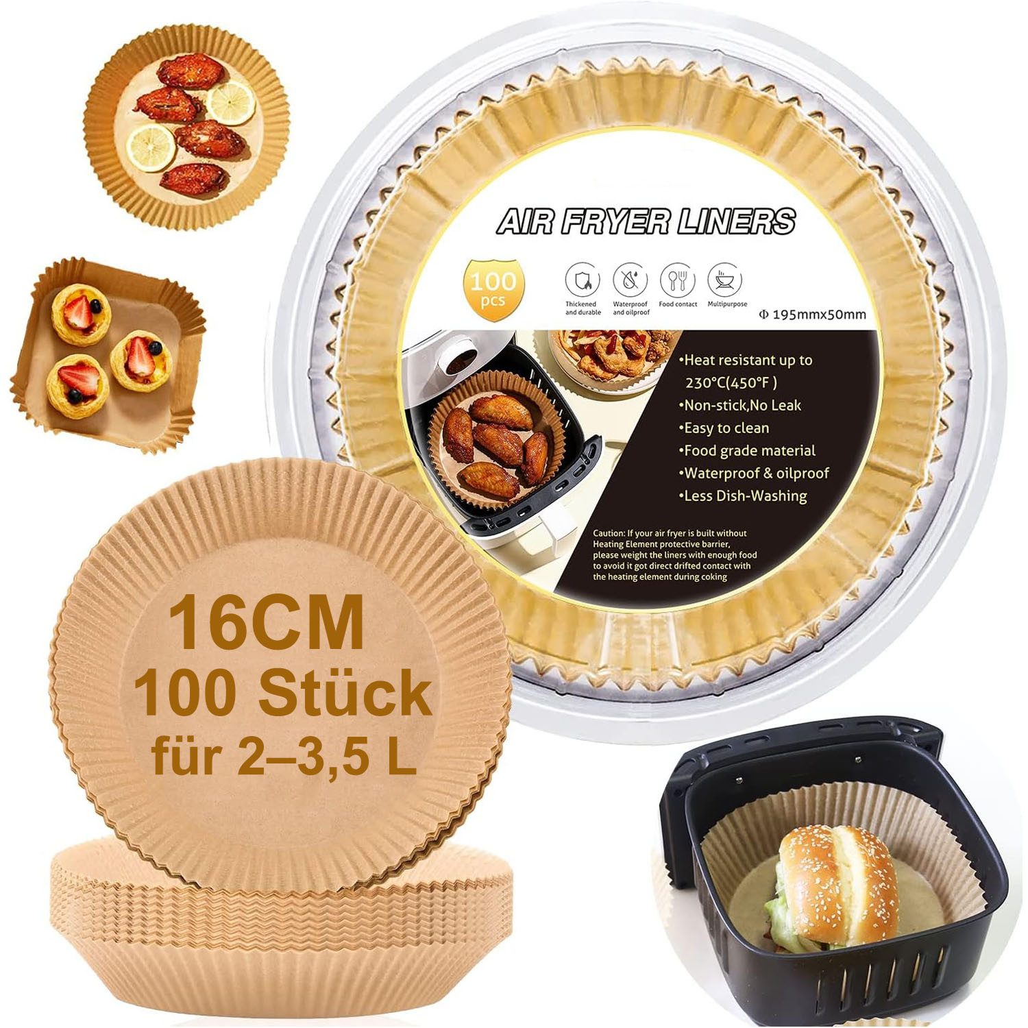 SURFOU Backpapier für Heißluftfritteuse-100/200 Stück Air Fryer Backpapier rund Ø16cm, Backpapier – 4,5 cm Höhe, für 2-3,5 L Korb, antihaft & ölfest, Einweg