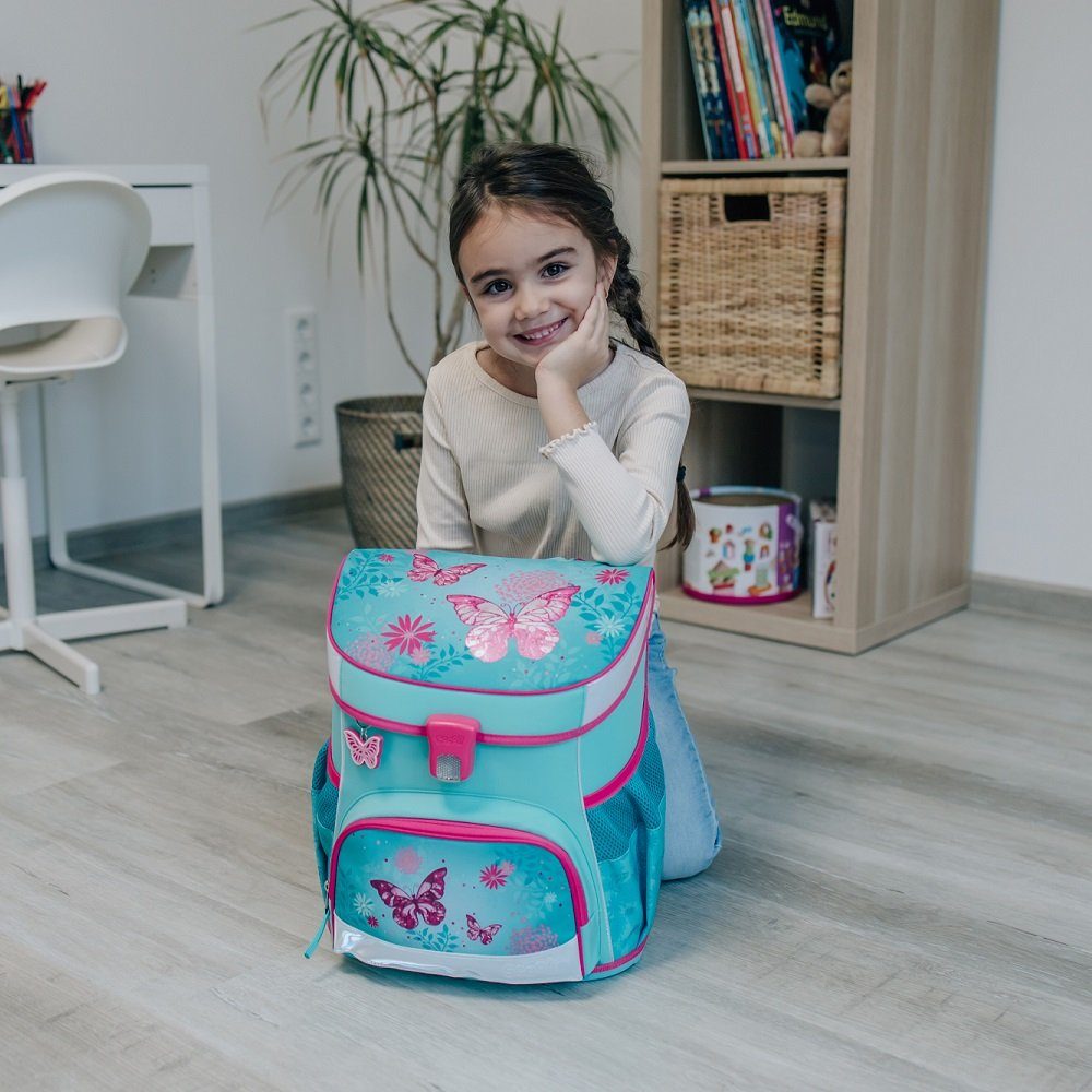 Scooli Schulranzen Campus Fit Schmetterlinge, türkis, Butterfly, ab 1. Klasse (Grund-Set, 5-tlg., mit gefüllter Federmappe, Turn- & Geldbeutel), leicht, kompakt, robust