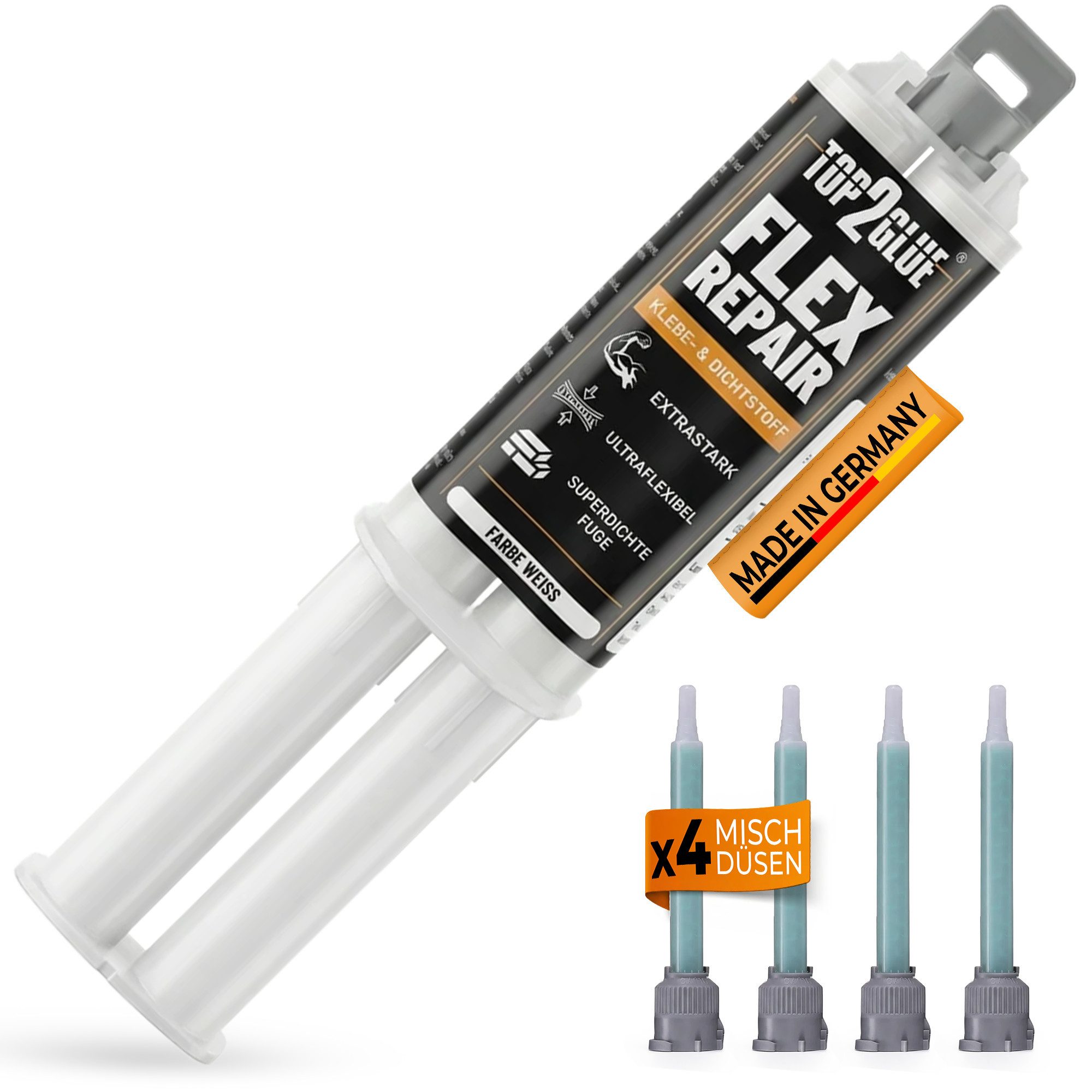 Top2Glue Montagekleber 2K-Kleber Flex Repair 2K MS Polymer, weiß, 35 g mit 4 Mischdüsen