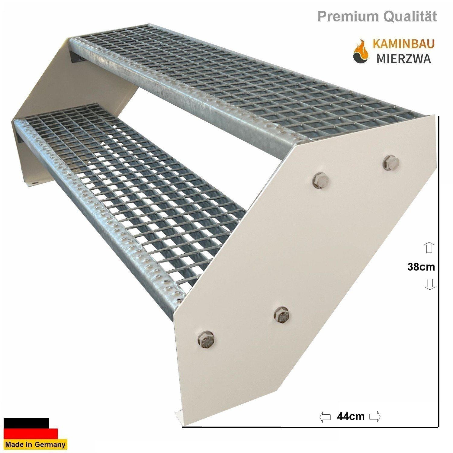 Kaminbau Mierzwa Außentreppe Premium Treppe Weiß Höhe Verstellbar, für Geschosshöhen bis 38 cm, Stufen Gitterroststufen nach DIN 24531, (Höhe 38 cm, Breite wählbar aus 60, 80, 100, 120, 140 cm), Gartentreppe Stahltreppe Wetterfest Rostfrei Feuer-Verzinkt Rutschfest