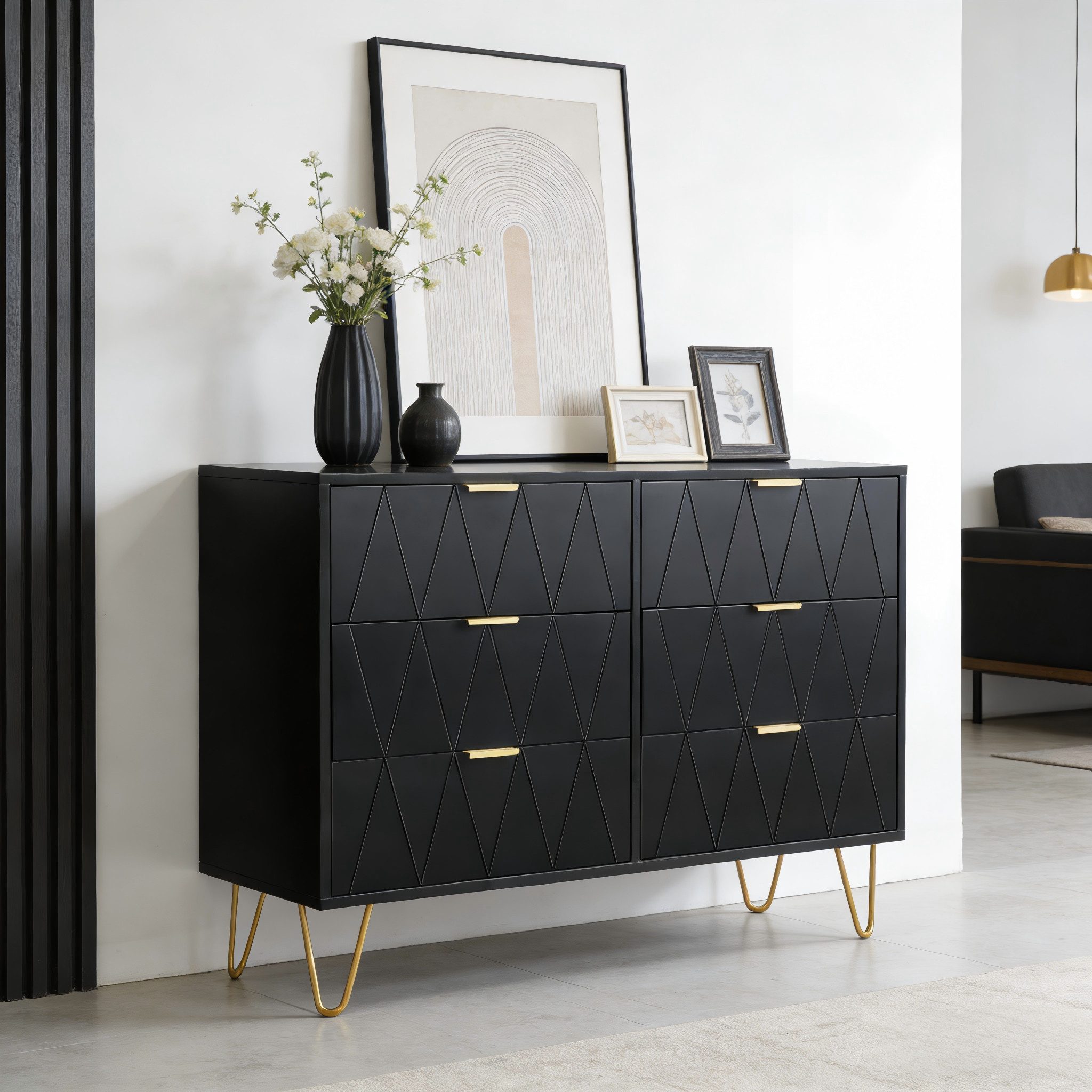 UEV Kommode mit 6 Schubladen, Sideboard für Wohnzimmer Schlafzimmer (Highboard, Sideboard mit Schubladen, Schmal kommode, 100 x 34 x 73 cm Mehrzweckschrank), Küchenschrank Buffet TV Board Schrank mit Füße Aufbewahrungsschrank