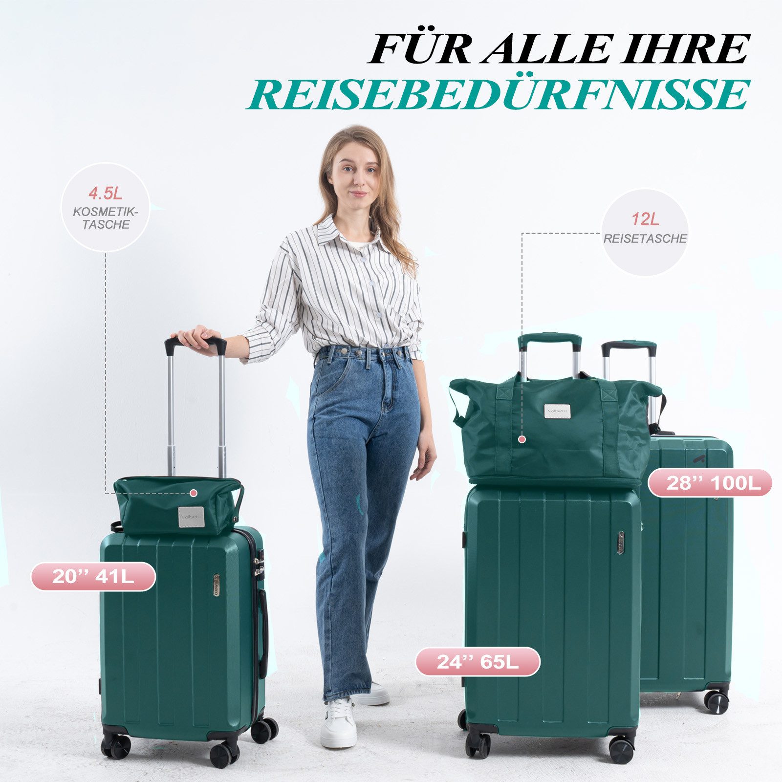 VALLSERO Trolleyset Koffer-Set( M,L,XL) Hartschalen-Koffer, Rollkoffer 5-teiliges Set, Handgepäck 4 Rollen, ABS-Material, Schwarz/Pink