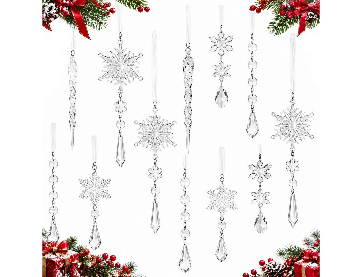 Bomiclss Christbaumschmuck Acryl Schneeflocken Eiszapfen Tropfen Hängedekoration (18-tlg), Ornamente für Weihnachtsbaum Winterfest und Party Deko