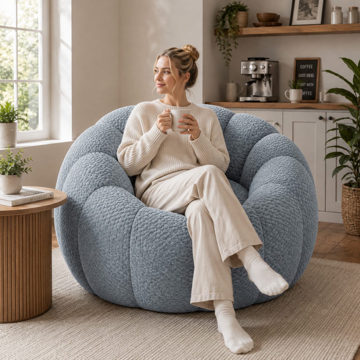 VUZINIC Sofa Überdimensionales Kürbis‑Kissensofa aus Strickstoff, hochdichte Schaumpolsterung, flauschig, ohne Montage 1 Teile, für Wohn‑ & Schlafzimmer Grau