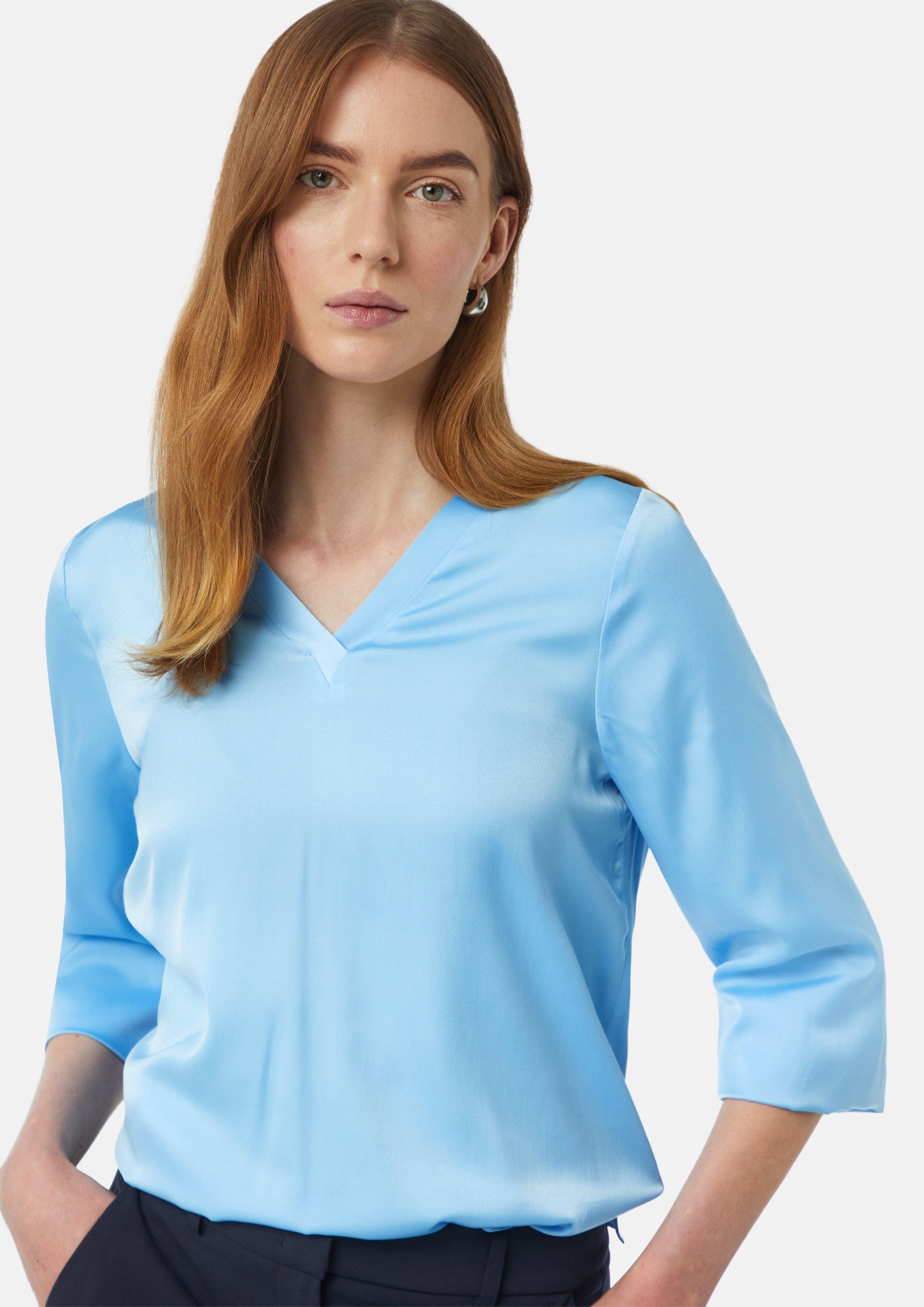 Langarmbluse Satin-Bluse mit V-Ausschnitt und elastischen Bündchen