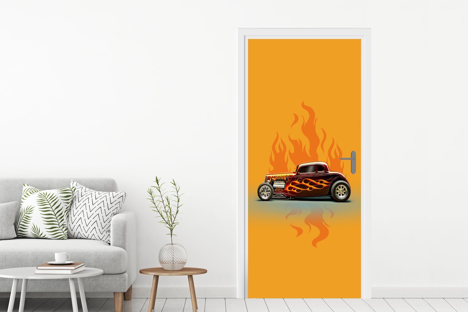 MuchoWow Türtapete Auto - Flammen bedruckt, Tür, Matt, für - cm Türaufkleber, (1 75x205 Fototapete - St), Rot Vintage