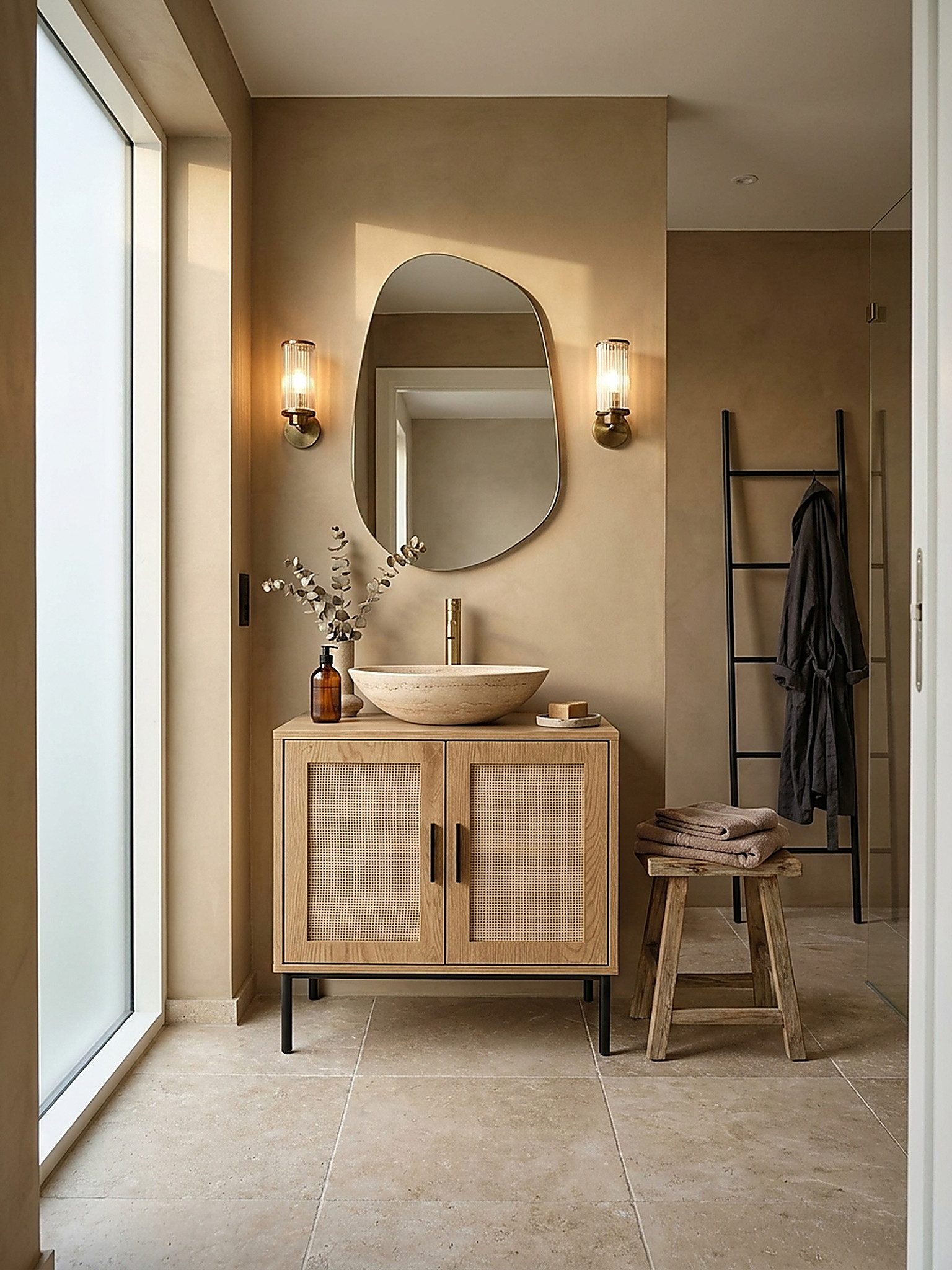 KADIMA DESIGN Waschbeckenunterschrank Waschbeckenunterschrank Eiche-Optik 60x60x40 cm mit Türen, (Badschrank Midischrank Klein Waschtisch) Badezimmerschrank mit Rattangeflecht, Unterschrank Stehend