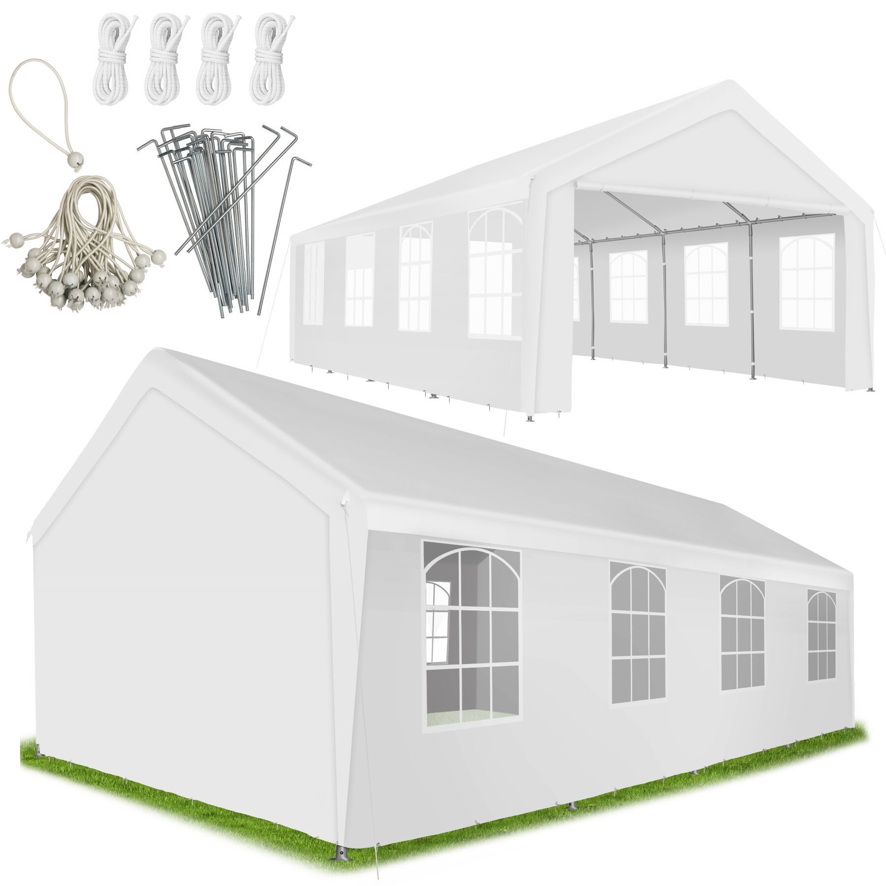 tectake Pavillon Eventzelt 4 x 8 m wasserdicht mit UV-Schutz und abnehmbaren, mit 4 Seitenteilen, (Gartenpavillon Mammut, in Weiß), Stahlgestell mit Spannseilen und Heringen für sicheren Stand