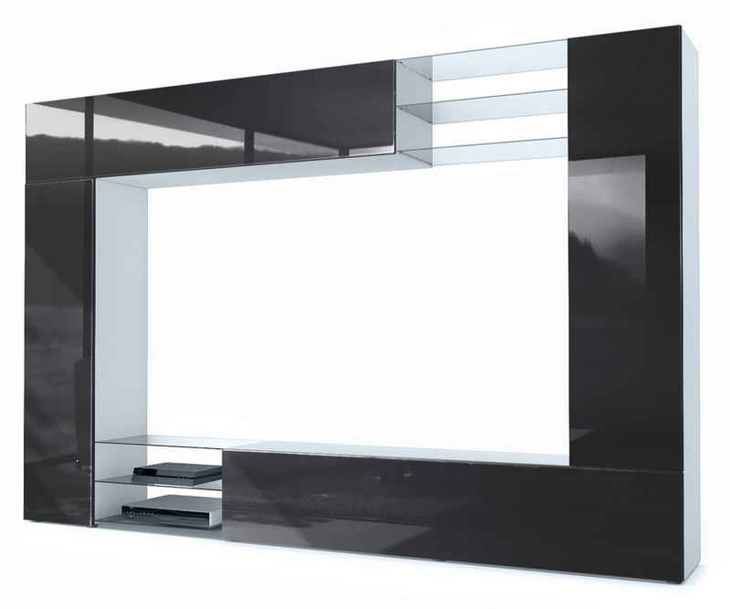 Vladon Wohnwand Mirage, (Anbauwand mit Rückwand mit 2 Türen, 4-St., 2 Klappen und 6 offenen Glasablagen), Weiß matt/Schwarz Hochglanz (262 x 183 x 39 cm)