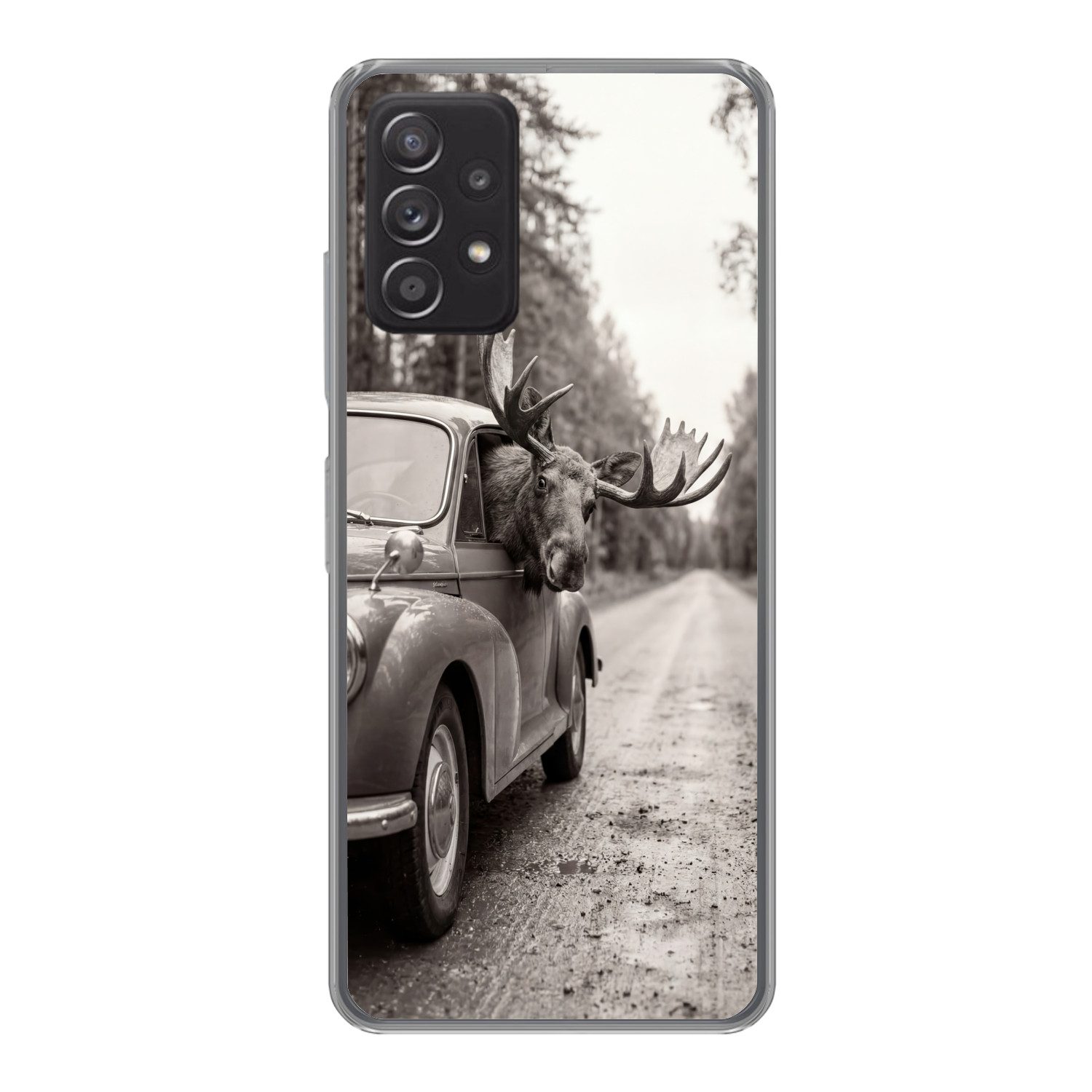 MuchoWow Handyhülle für Samsung Galaxy A53 5G Elch - Auto - Geweih - Schwarz - Weiß, Phone Case, Silikon, Schutzhülle Dünn