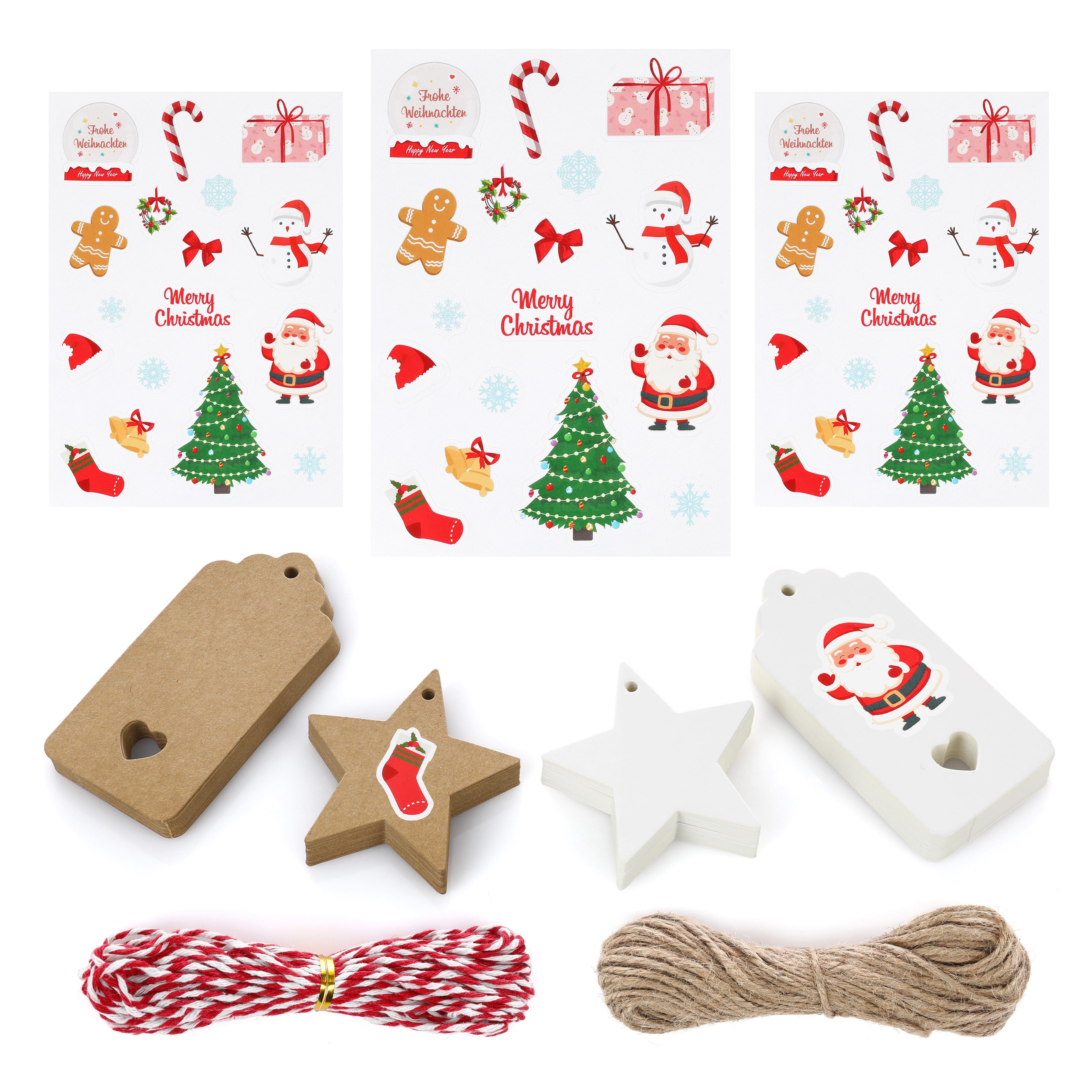 Nordstern Etikett 100 Geschenkanhänger Weihnachten mit Aufkleber und Schnur, Kraftpapier Anhänger zum Beschriften für Weihnachtstüten und Geschenke
