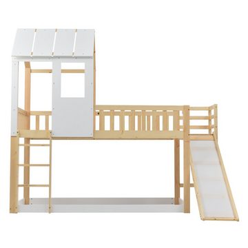 BlingBin Etagenbett Etagenbett Hausbett Kinderbett, mit Rahmen aus Kiefer, 90x200cm (mit rechtwinkliger Leiter und Rutsche), mit Dach und Fenster, mit Fallschutz und Gitter