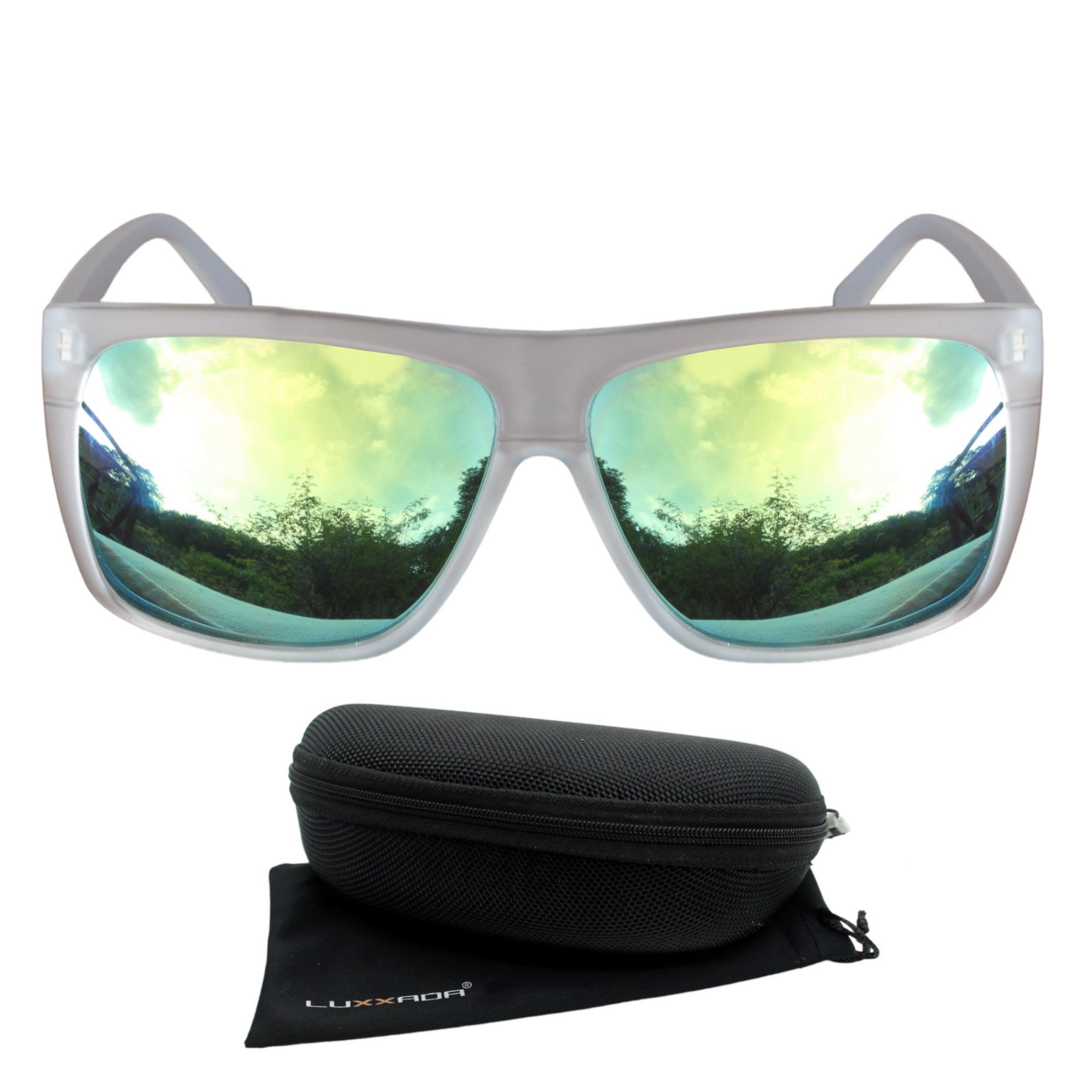 Rennec Sonnenbrille (Unisex Brille mit Hardcase und Softetui) Verspiegelte Gläser, Vintage Retro Design