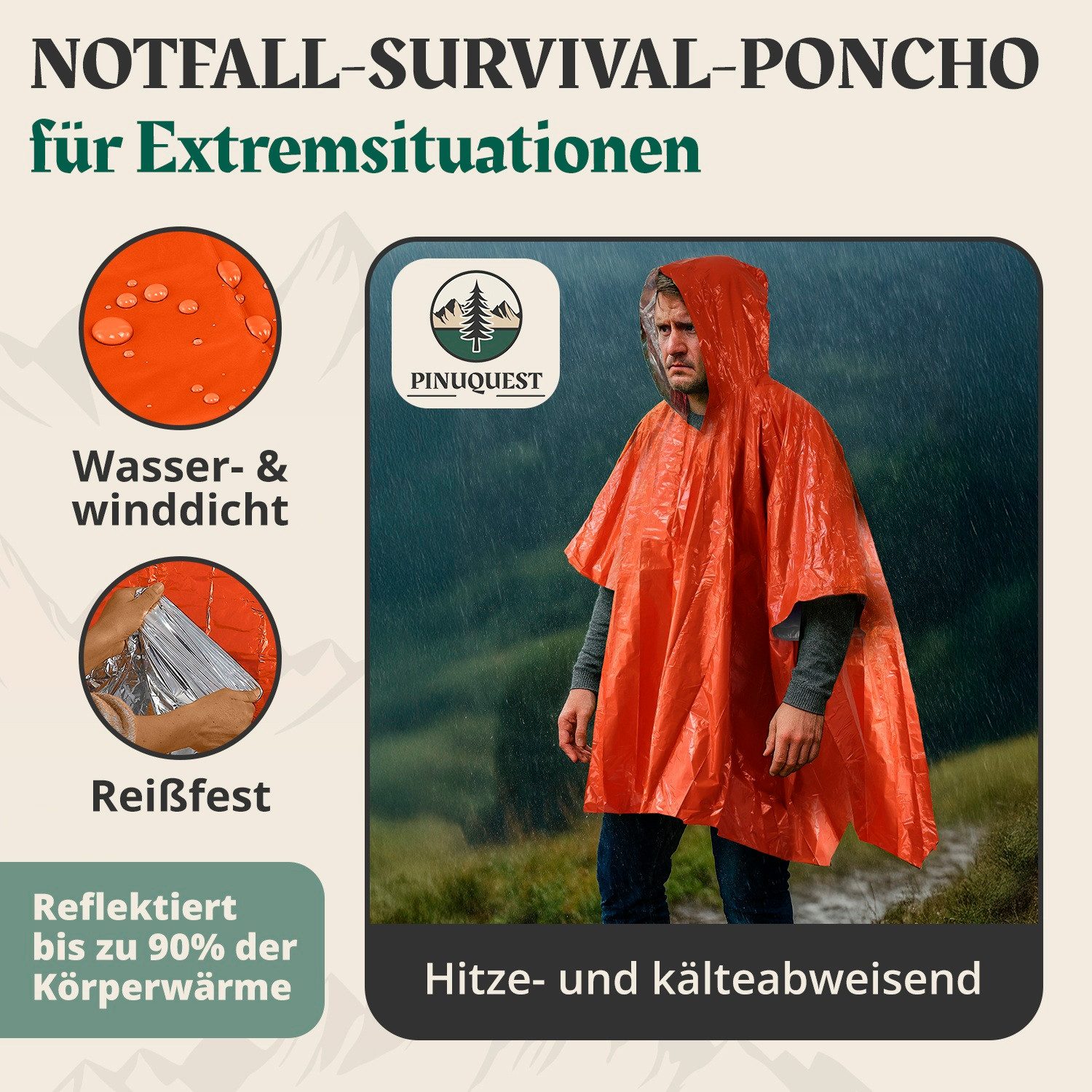 PINUQUEST Regenponcho Notfall-Poncho 26 µm signalorange (2-St) Poncho für Notfälle, Notponcho Wärmereflexion, wasserdicht winddicht – Bild 4 von 5