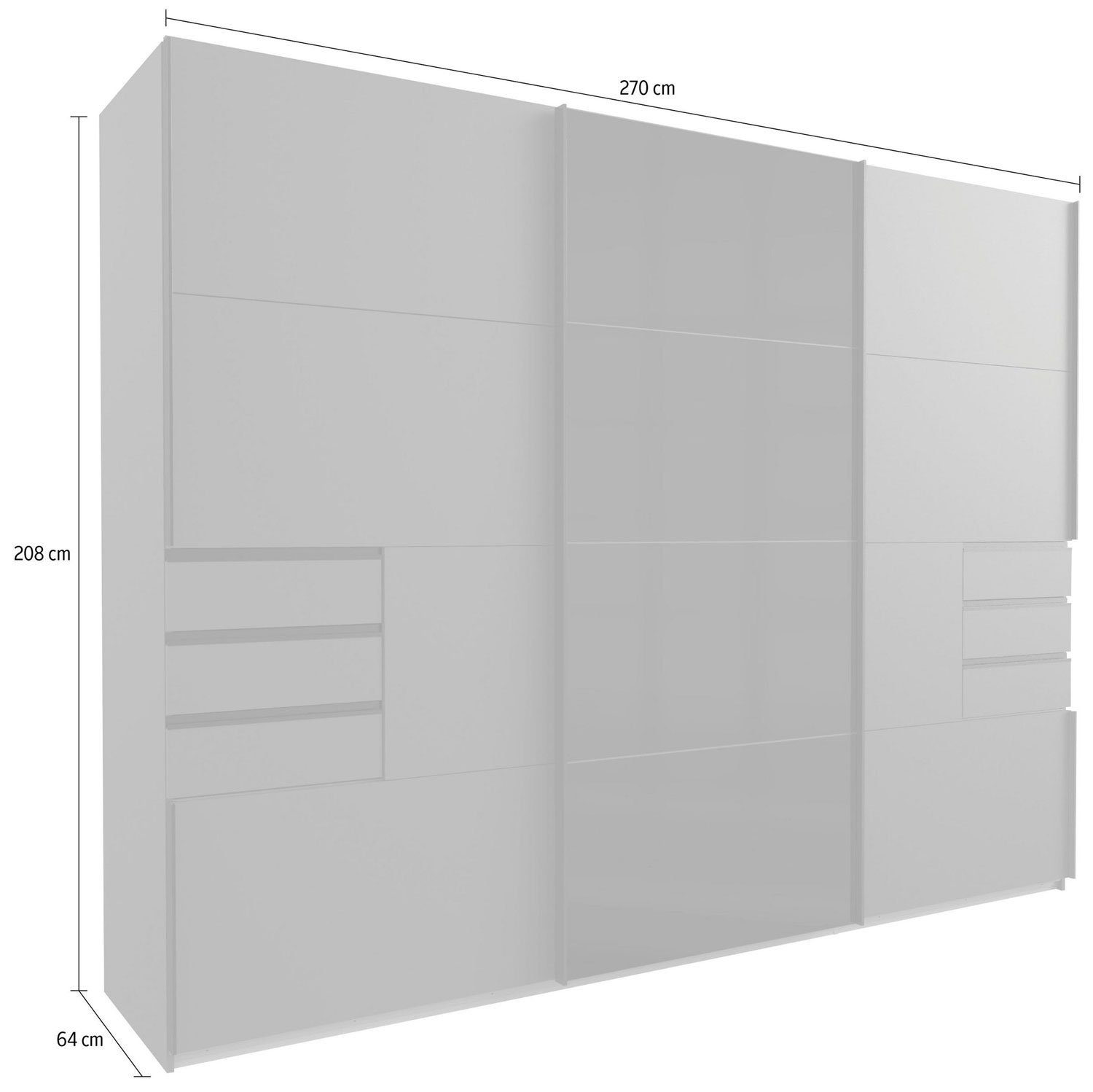 Wimex Schwebetürenschrank Saigon (mit Einlegeböden und Kleiderstangen, 1-St., 3-türiger Schwebetürenschrank mit Schubladen) 270x64x208cm graphit Spiegel mit Schubladen