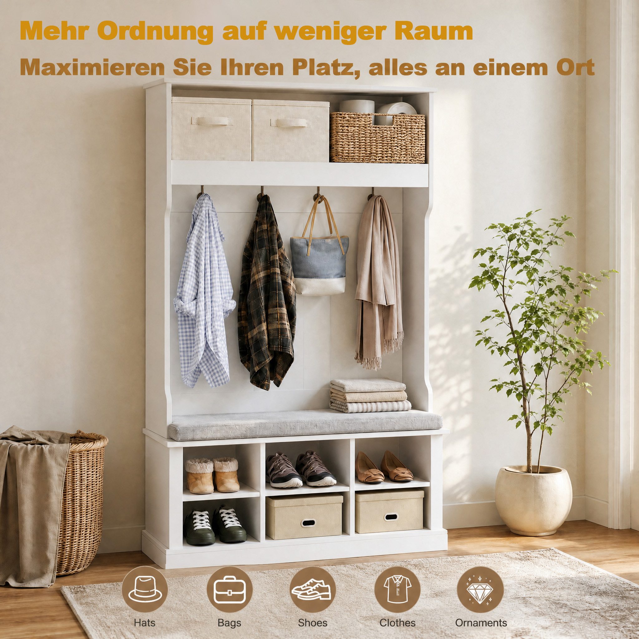 Hausprofi Garderobenständer Garderobenständer weiß mit Schuhbank & Sitzfläche, 4-in-1, verstellbare Böden, Schuhaufbewahrung, für Eingang, Diele & Flur – Bild 5 von 5