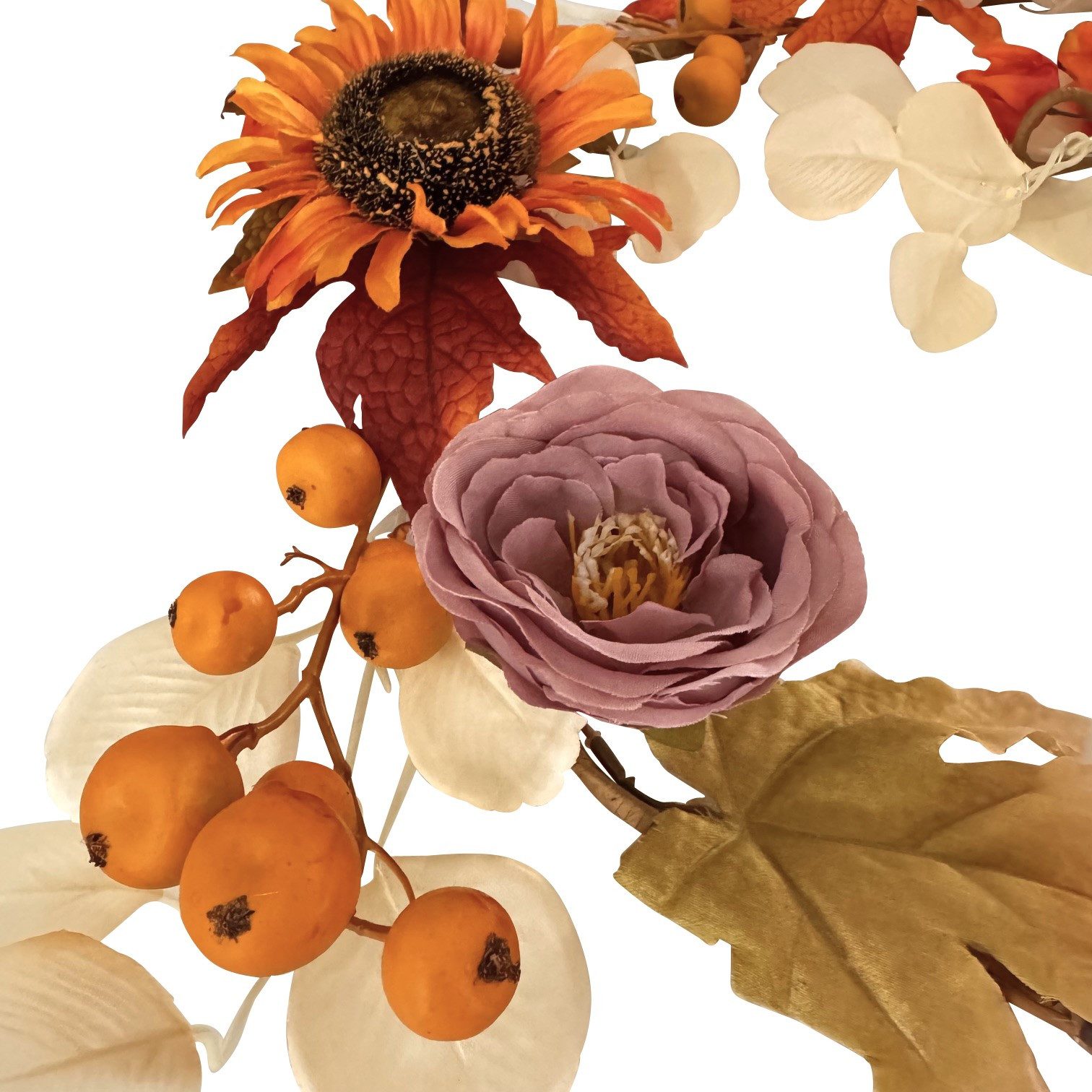 Kunstgirlande mit LED-Lichterkette & Timer zur herbstlichen Dekoration aus Herbstlaub, Sonnenblumen und Chrysanthemen, Online-Fuchs, Dauerleuchten oder Funkeleffekt wählbar - 185 cm groß