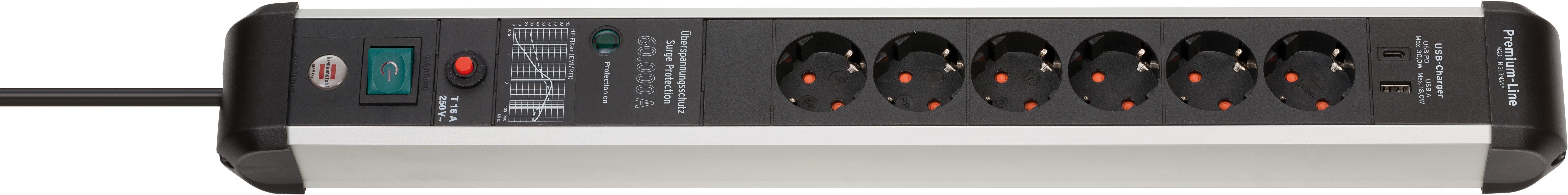 Brennenstuhl Premium-Pect-Line Steckdosenleiste 6-fach (Ein- / Ausschalter, USB-Anschlüsse, Schalterbeleuchtung, Überspannungsschutz, Kabellänge 3 m), USB Power-Delivery Typ C, 1x USB-A, Überspannungsschutz und Schalter