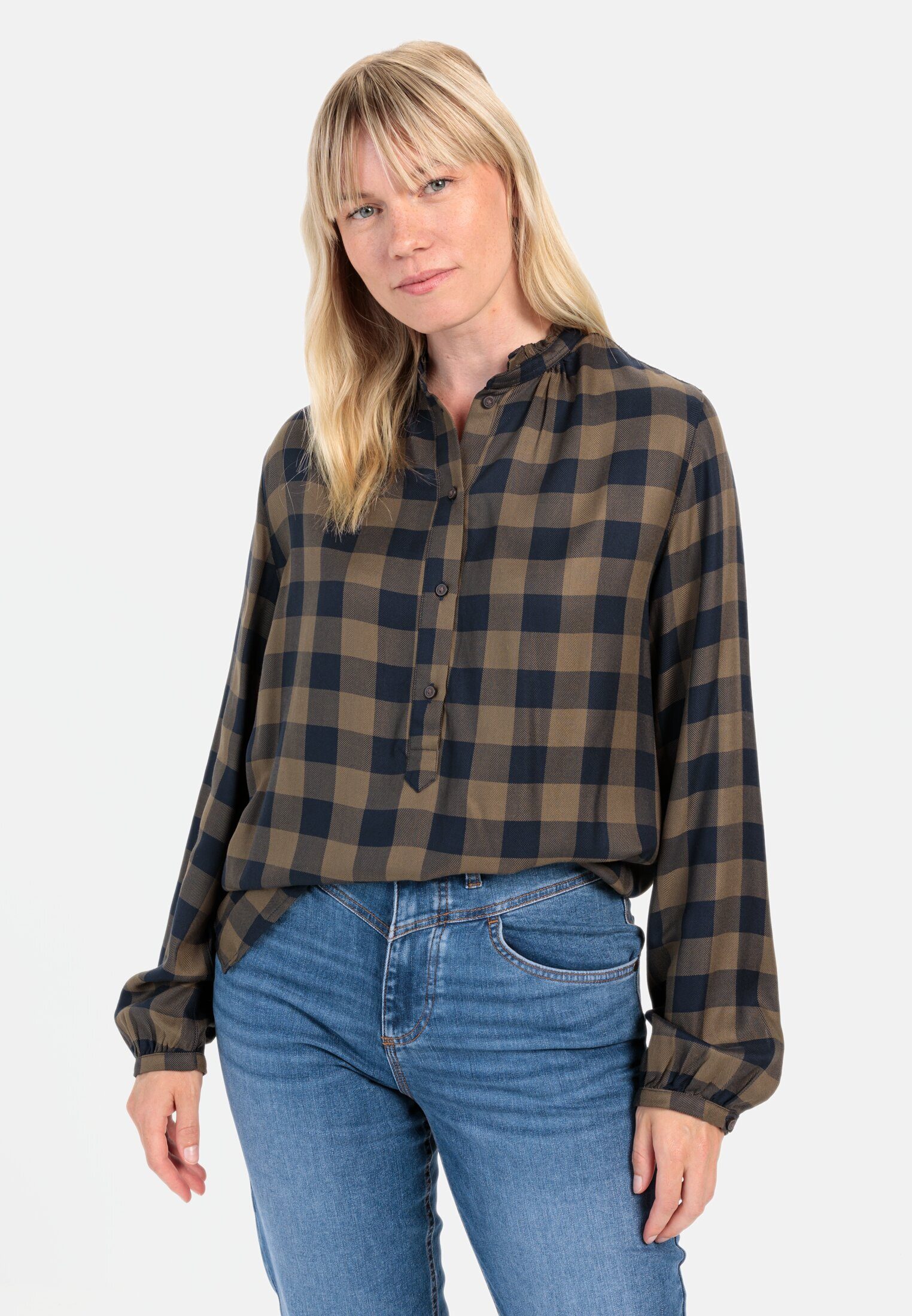 camel active Hemdbluse Karobluse aus Viskose Langarm Stehkragen kariert günstig online kaufen