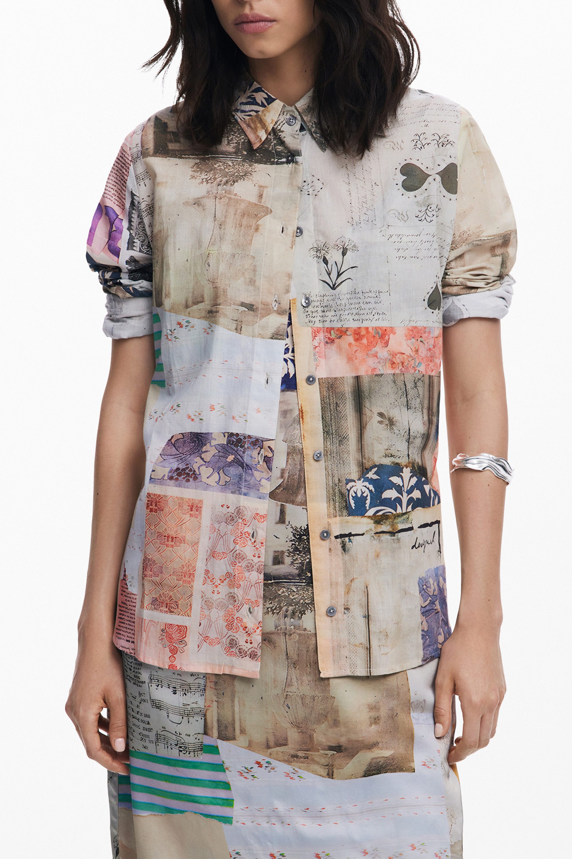 Desigual Blusenshirt Elegante Damen Langarmbluse Beige mit Druck und