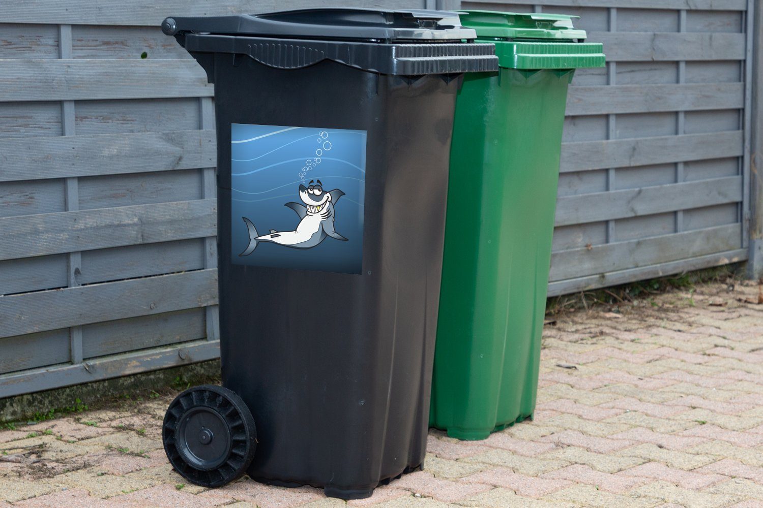 Abfalbehälter im (1 Sticker, Wandsticker Illustration Eine St), Mülltonne, eines Hais Mülleimer-aufkleber, MuchoWow weißen lachenden Container, Meer