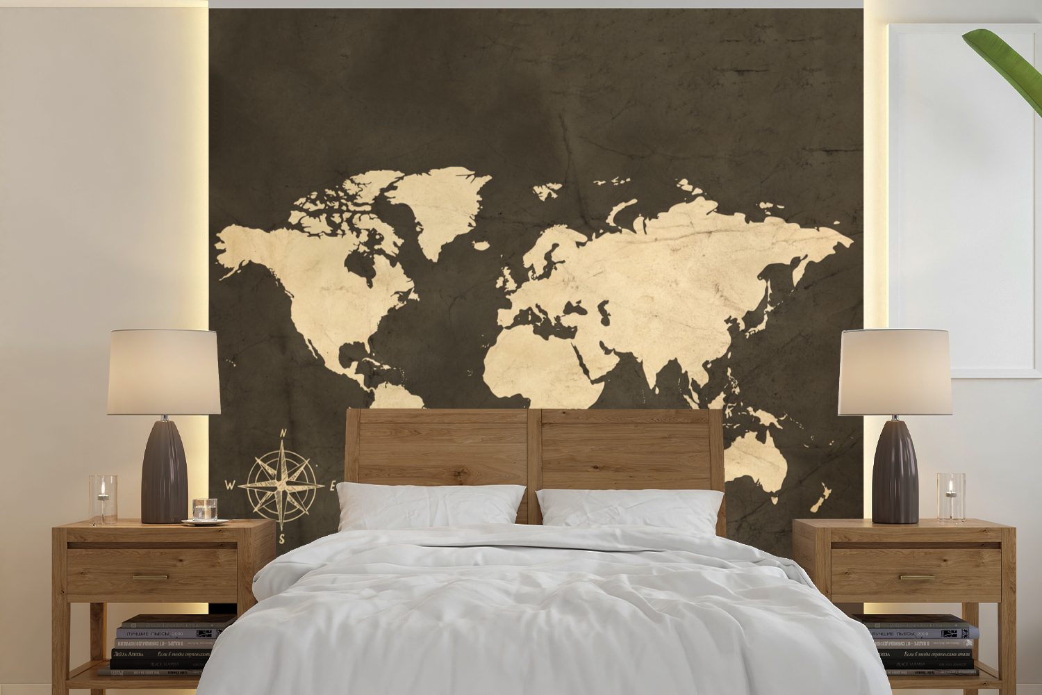 für Windrose Weltkarte Fototapete Tapete - Wohnzimmer bedruckt, oder St), Weiß, MuchoWow Wandtapete Schlafzimmer, - Vinyl (5 Matt,