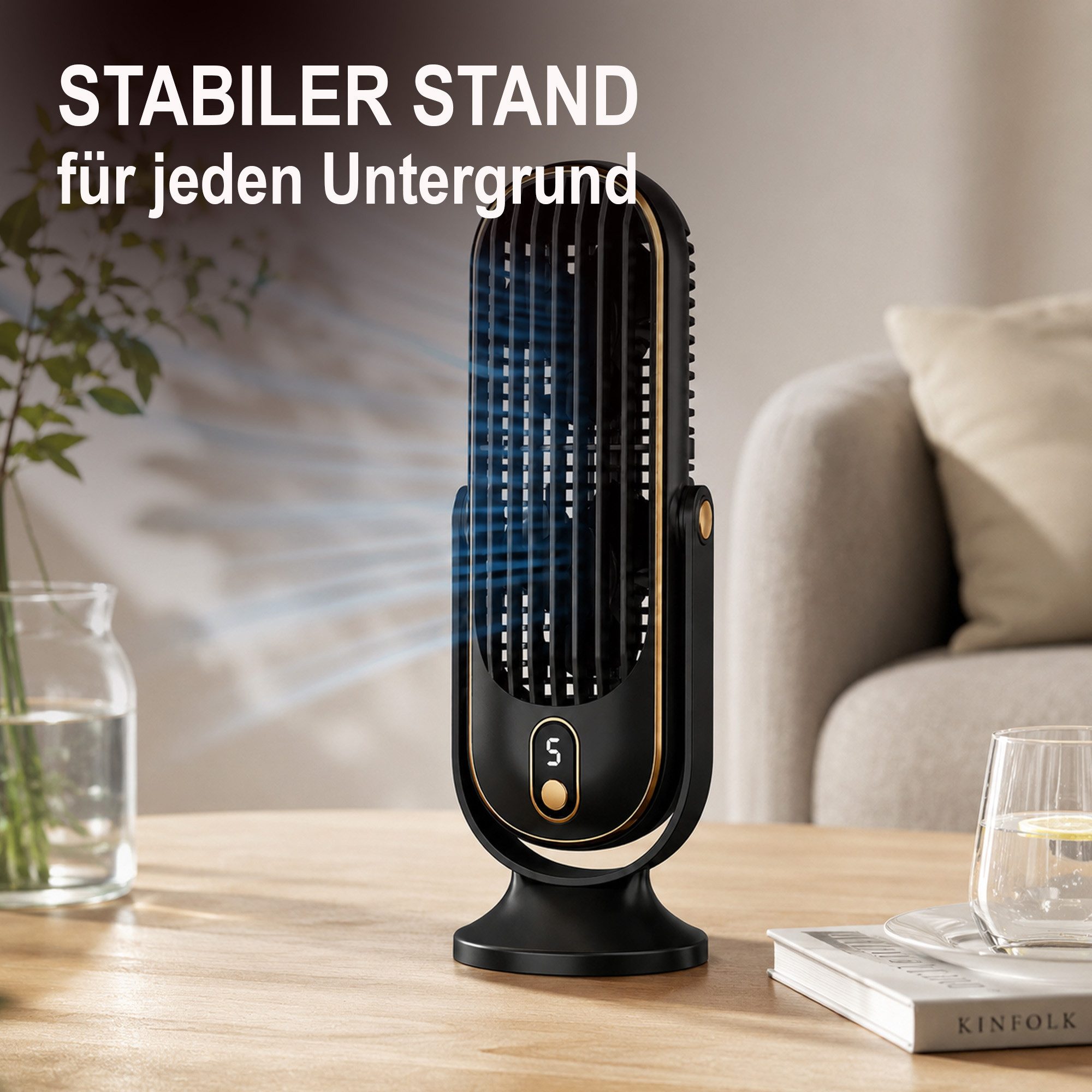 Bestlivings Tischventilator Akku 5 Stufen 360° neigbar, leise (22 dB), Dual-Rotor, LED Display, USB-C Kabel