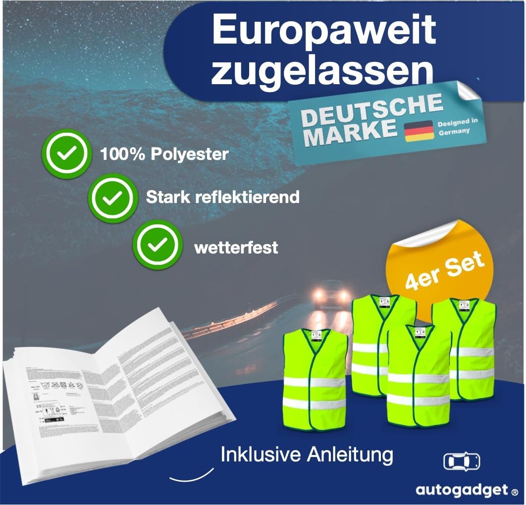 autogadget® Warnweste 4x Sicherheitsweste - Autozubehör - 2026 Unfallweste ISO20471 (Packung, 4-tlg., 4x Warnweste gelb) praktische Auto-Sicherheitskleidung